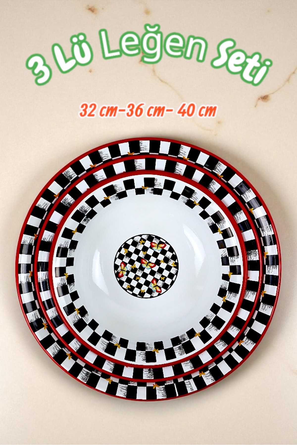 32 Cm-36 Cm-40 Cm 3 Lü Emaye Leğen Çırpma Ve Karıştırma Kabı, Hamur Leğeni,Meyvelik, Çeyiz, Hediye,