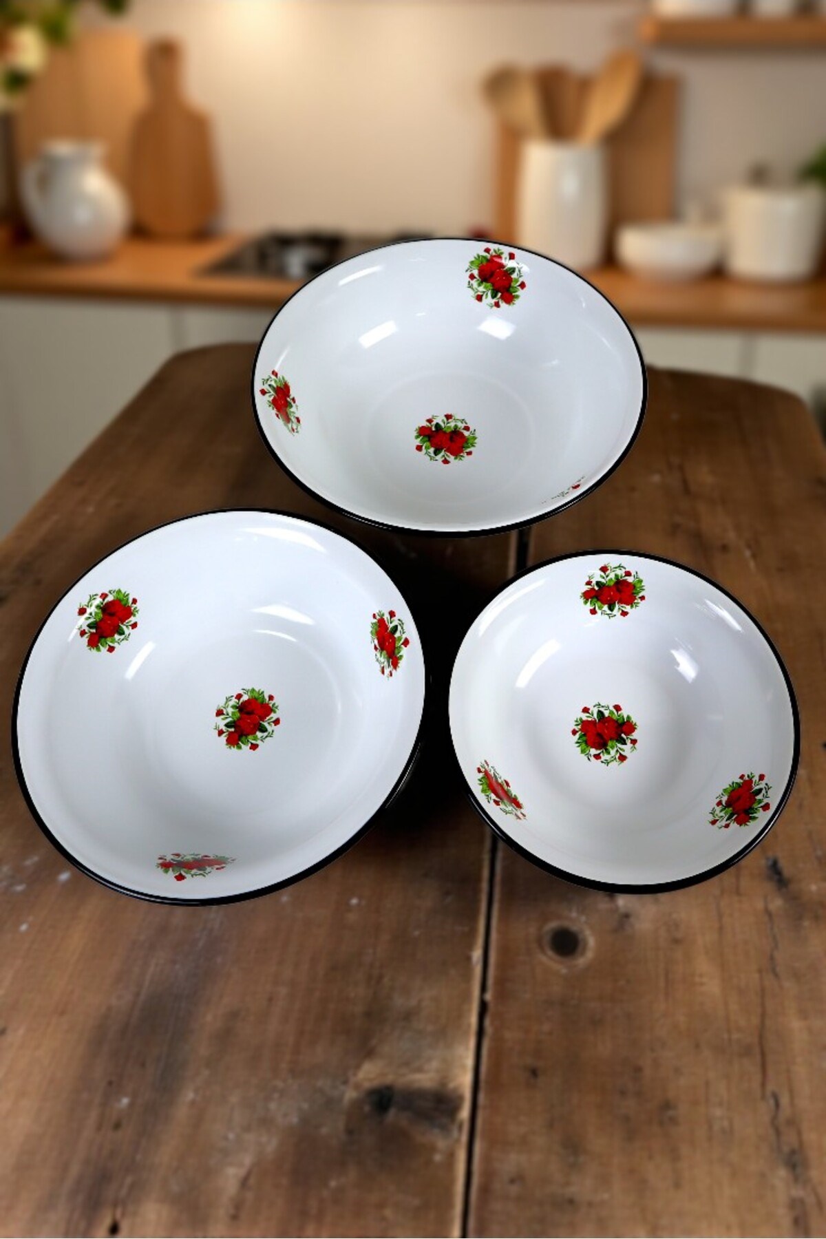 32 Cm-36 Cm-40 Cm 3 Lü Emaye Leğen Çırpma Ve Karıştırma Kabı, Hamur Leğeni,Meyvelik, Çeyiz, Hediye,