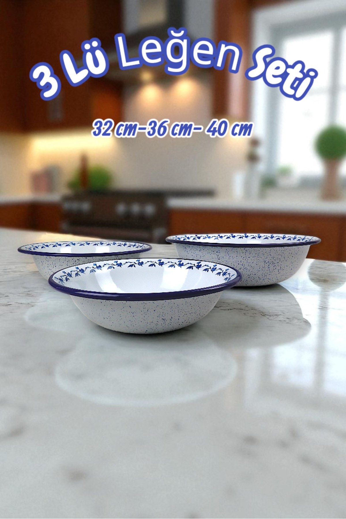 32 Cm-36 Cm-40 Cm 3 Lü Emaye Leğen Çırpma Ve Karıştırma Kabı, Hamur Leğeni,Meyvelik, Çeyiz, Hediye,