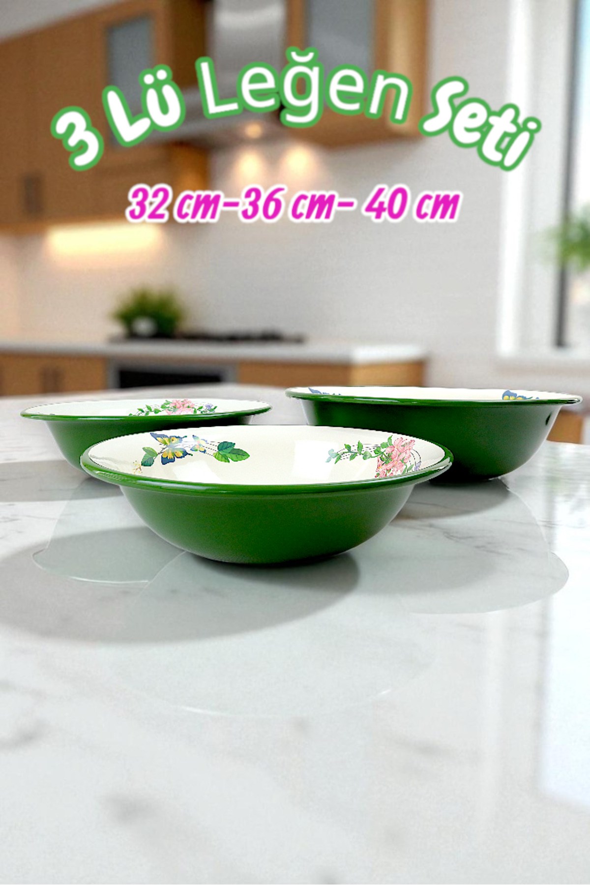 32 Cm-36 Cm-40 Cm 3 Lü Emaye Leğen Çırpma Ve Karıştırma Kabı, Hamur Leğeni,Meyvelik, Çeyiz, Hediye,