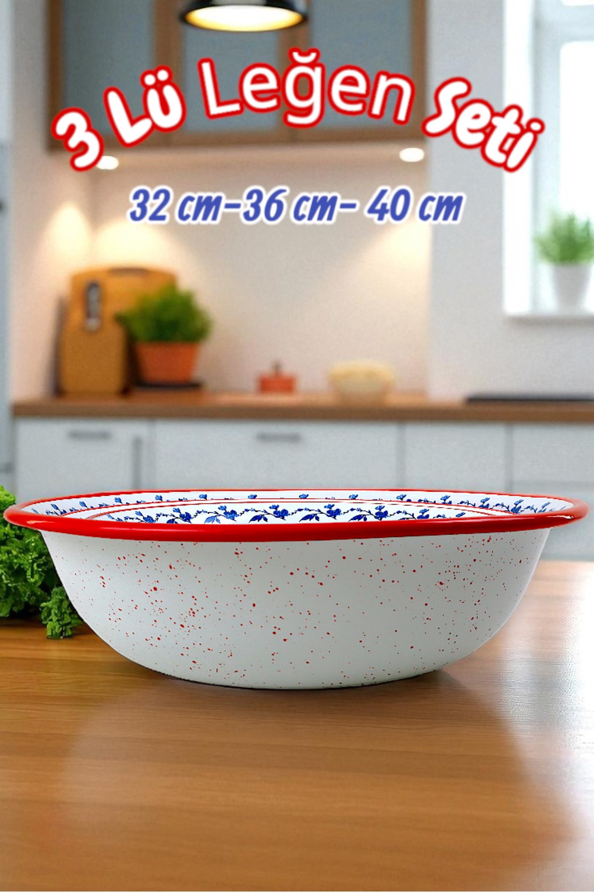 32 Cm-36 Cm-40 Cm 3 Lü Emaye Leğen Çırpma Ve Karıştırma Kabı, Hamur Leğeni,Meyvelik, Çeyiz, Hediye,