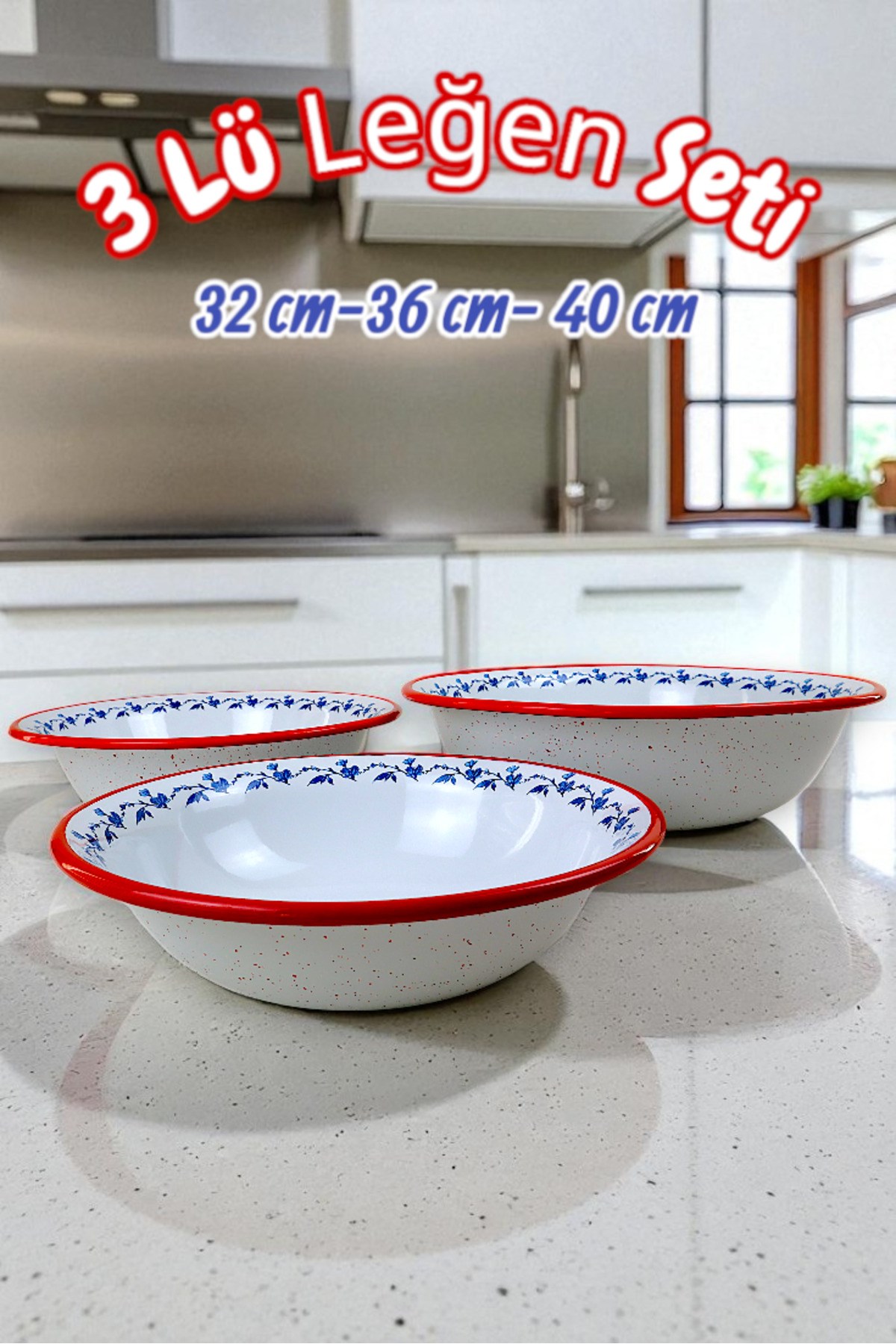 32 Cm-36 Cm-40 Cm 3 Lü Emaye Leğen Çırpma Ve Karıştırma Kabı, Hamur Leğeni,Meyvelik, Çeyiz, Hediye,