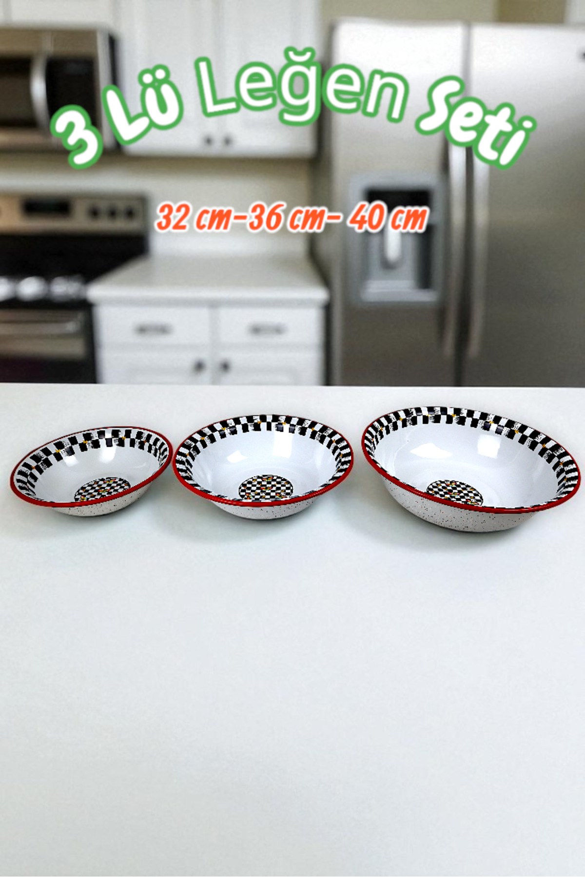 32 Cm-36 Cm-40 Cm 3 Lü Emaye Leğen Çırpma Ve Karıştırma Kabı, Hamur Leğeni,Meyvelik, Çeyiz, Hediye,
