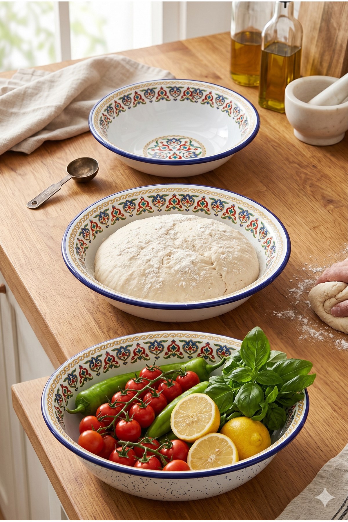 32 Cm-36 Cm-40 Cm 3 Lü Emaye Leğen Çırpma Ve Karıştırma Kabı, Hamur Leğeni,Meyvelik, Çeyiz, Hediye,