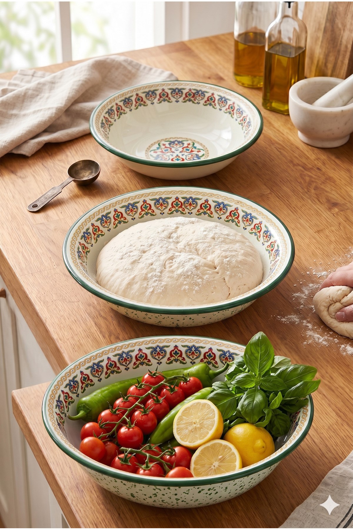 32 Cm-36 Cm-40 Cm 3 Lü Emaye Leğen Çırpma Ve Karıştırma Kabı, Hamur Leğeni,Meyvelik, Çeyiz, Hediye,