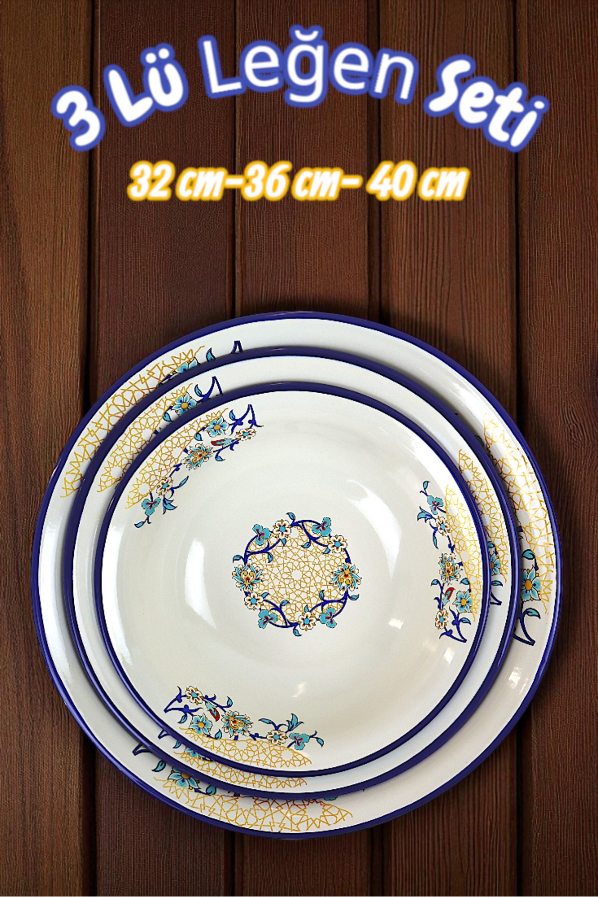 32 Cm-36 Cm-40 Cm 3 Lü Emaye Leğen Çırpma Ve Karıştırma Kabı, Hamur Leğeni,Meyvelik, Çeyiz, Hediye,