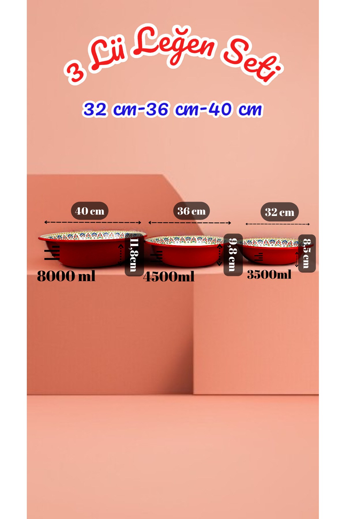 32 Cm-36 Cm-40 Cm 3 Lü Emaye Leğen Çırpma Ve Karıştırma Kabı, Hamur Leğeni,Meyvelik, Çeyiz, Hediye,