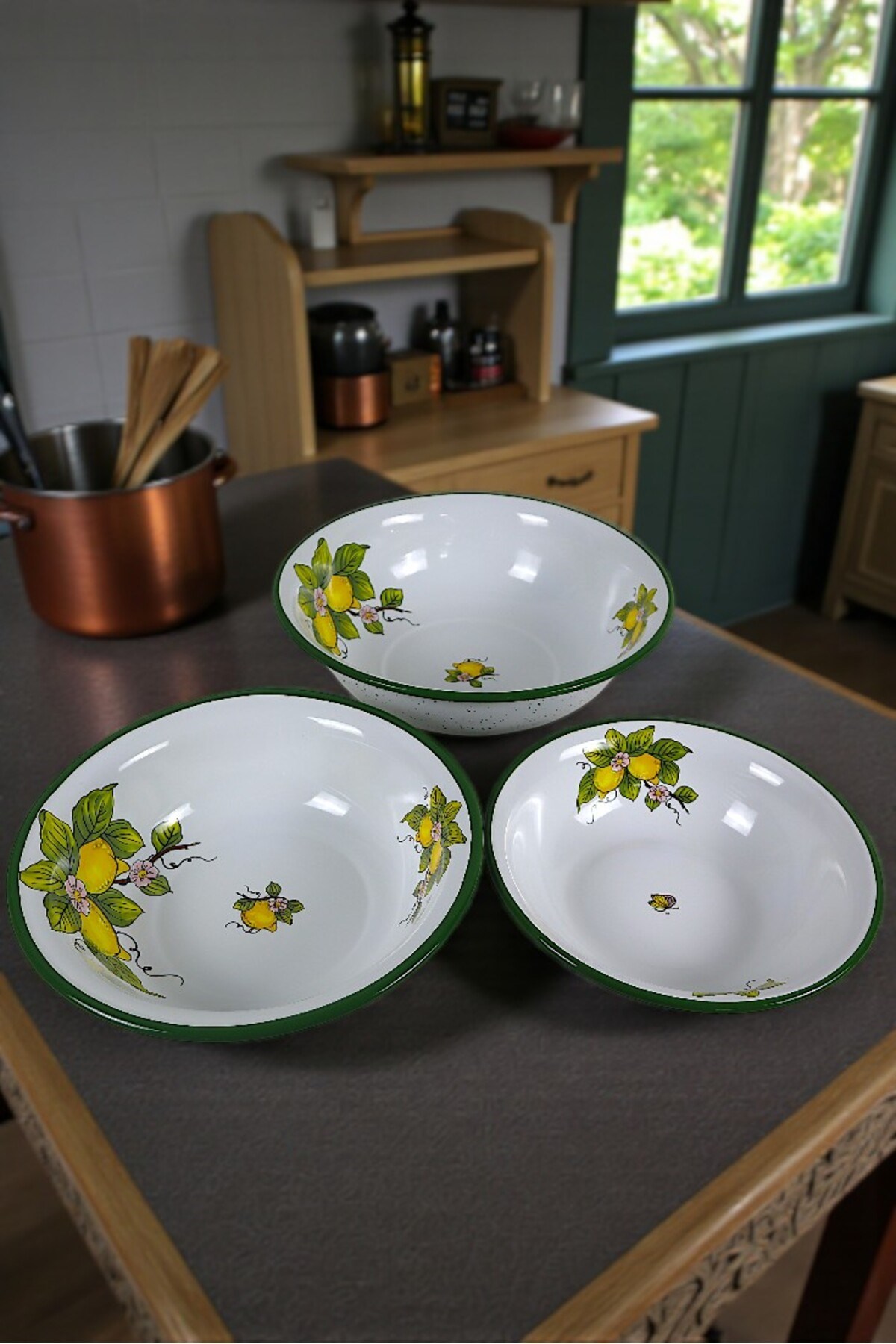 32 Cm-36 Cm-40 Cm 3 Lü Emaye Leğen Çırpma Ve Karıştırma Kabı, Hamur Leğeni,Meyvelik, Çeyiz, Hediye,