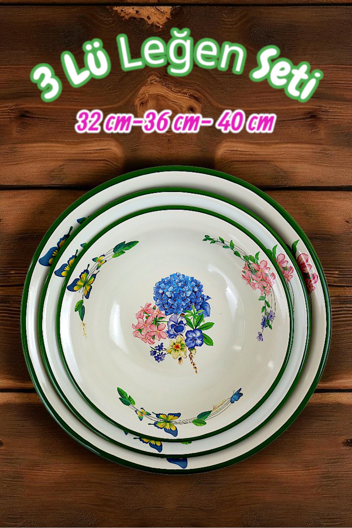 32 Cm-36 Cm-40 Cm 3 Lü Emaye Leğen Çırpma Ve Karıştırma Kabı, Hamur Leğeni,Meyvelik, Çeyiz, Hediye,