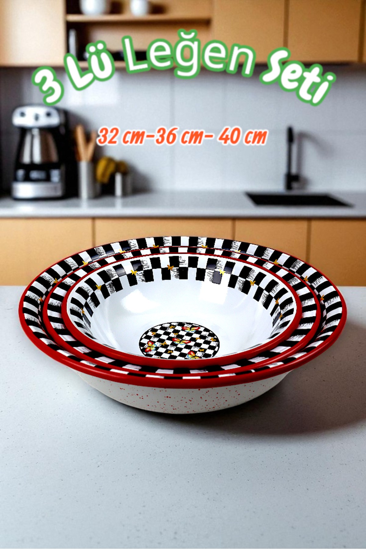 32 Cm-36 Cm-40 Cm 3 Lü Emaye Leğen Çırpma Ve Karıştırma Kabı, Hamur Leğeni,Meyvelik, Çeyiz, Hediye,