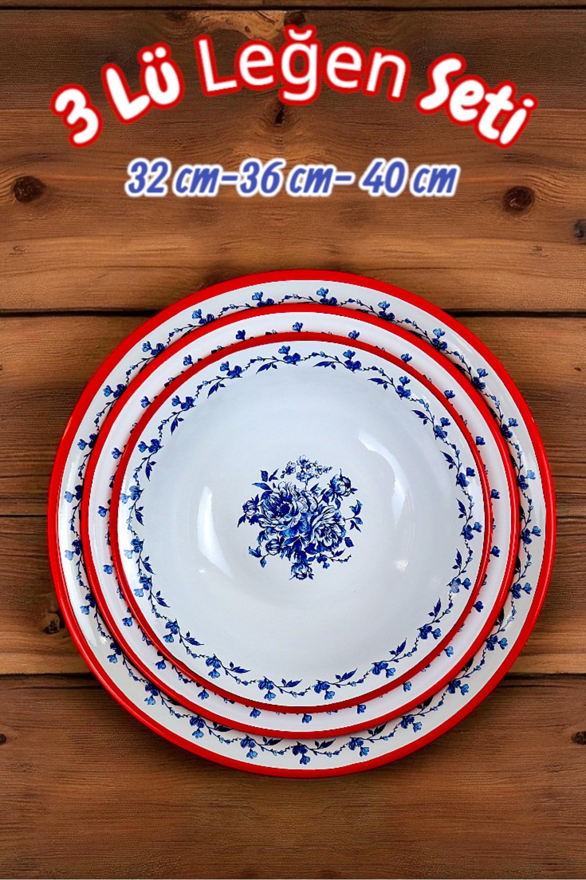 32 Cm-36 Cm-40 Cm 3 Lü Emaye Leğen Çırpma Ve Karıştırma Kabı, Hamur Leğeni,Meyvelik, Çeyiz, Hediye,