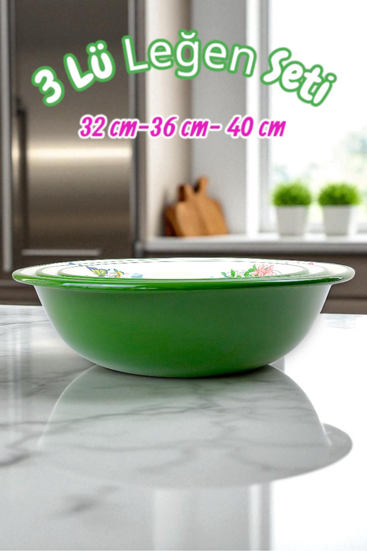 32 Cm-36 Cm-40 Cm 3 Lü Emaye Leğen Çırpma Ve Karıştırma Kabı, Hamur Leğeni,Meyvelik, Çeyiz, Hediye,