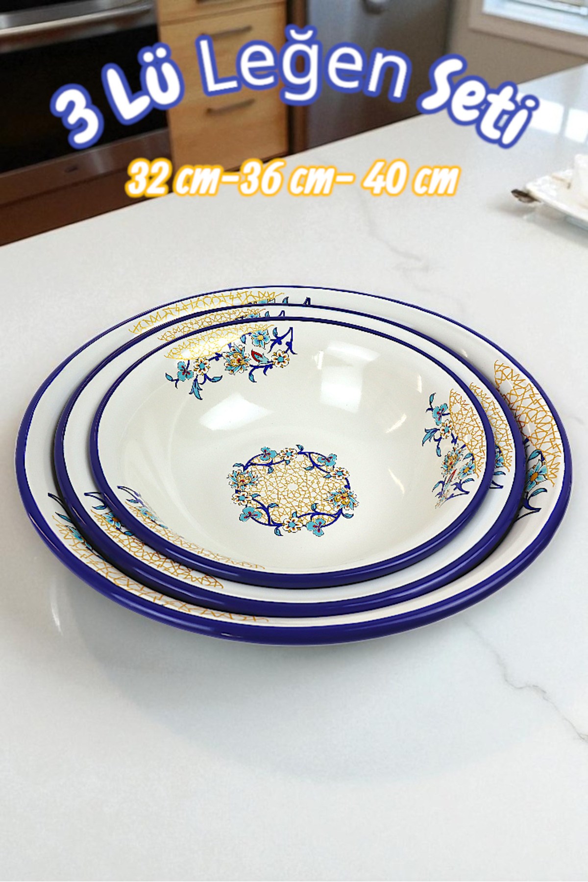 32 Cm-36 Cm-40 Cm 3 Lü Emaye Leğen Çırpma Ve Karıştırma Kabı, Hamur Leğeni,Meyvelik, Çeyiz, Hediye,