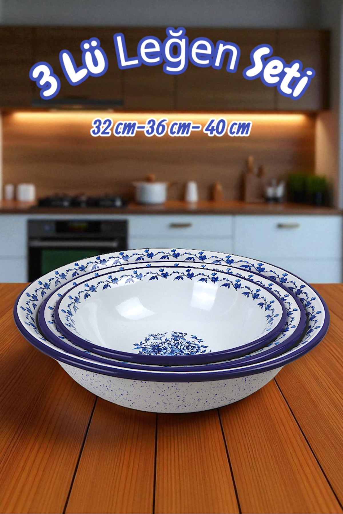 32 Cm-36 Cm-40 Cm 3 Lü Emaye Leğen Çırpma Ve Karıştırma Kabı, Hamur Leğeni,Meyvelik, Çeyiz, Hediye,