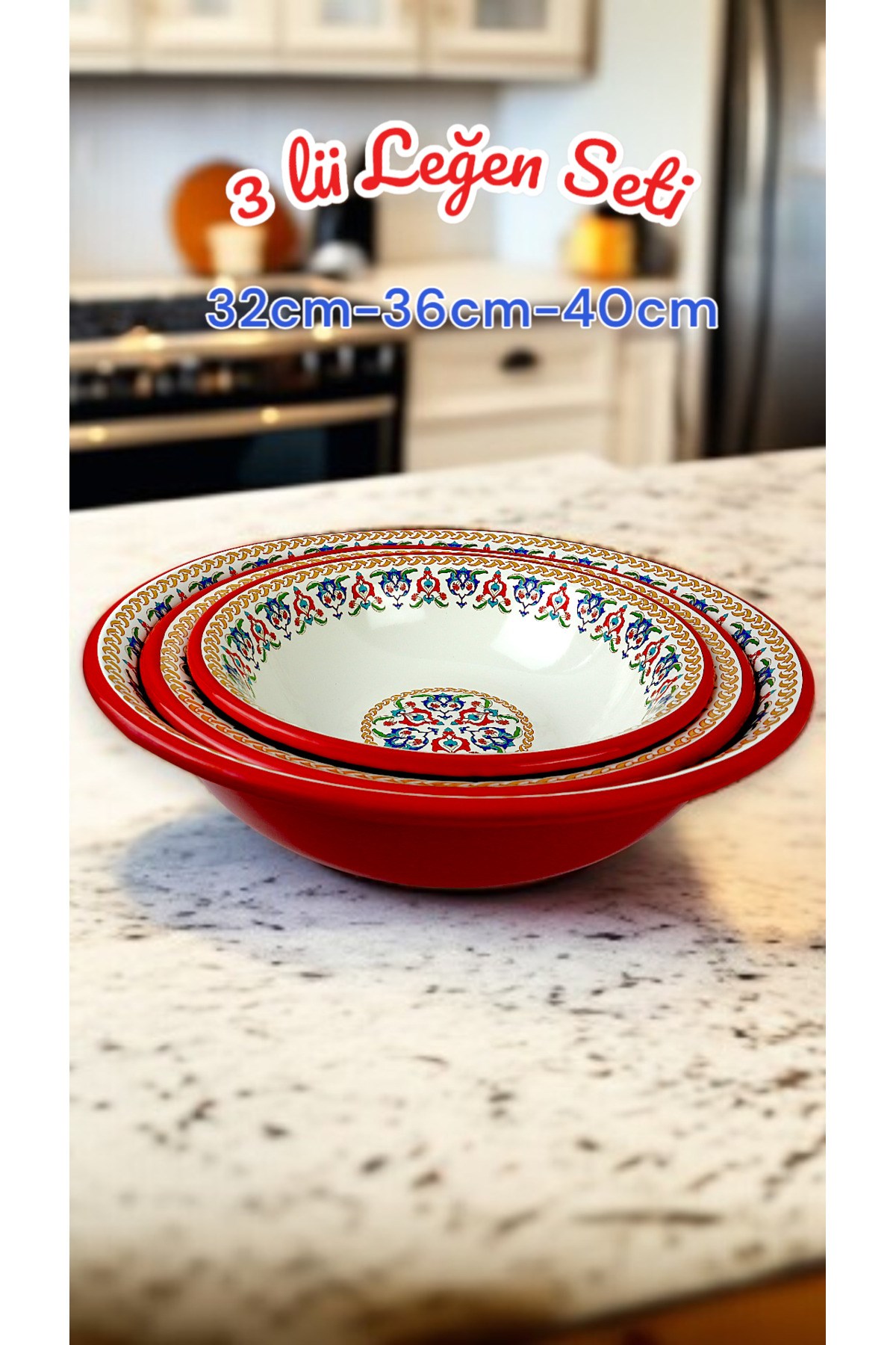 32 Cm-36 Cm-40 Cm 3 Lü Emaye Leğen Çırpma Ve Karıştırma Kabı, Hamur Leğeni,Meyvelik, Çeyiz, Hediye,