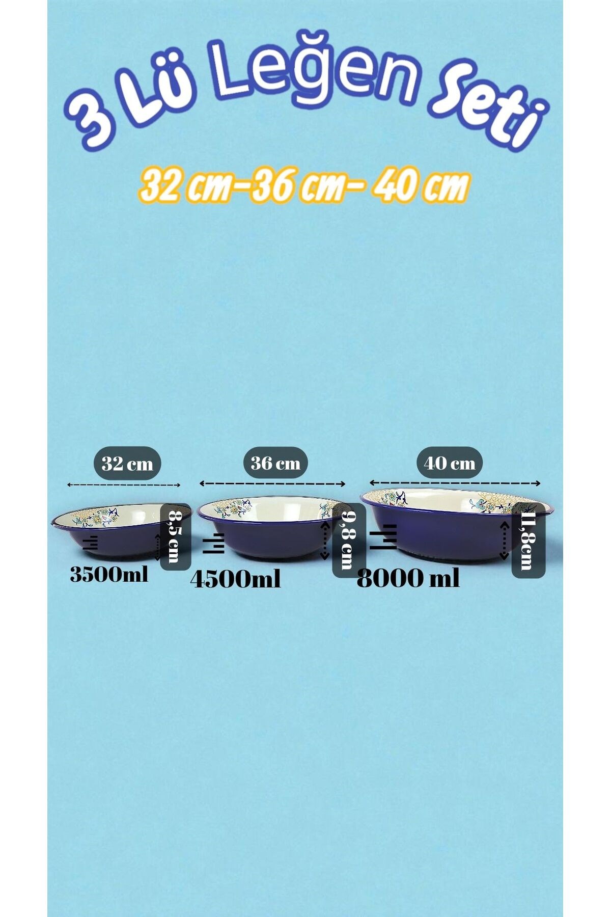 32 Cm-36 Cm-40 Cm 3 Lü Emaye Leğen Çırpma Ve Karıştırma Kabı, Hamur Leğeni,Meyvelik, Çeyiz, Hediye,