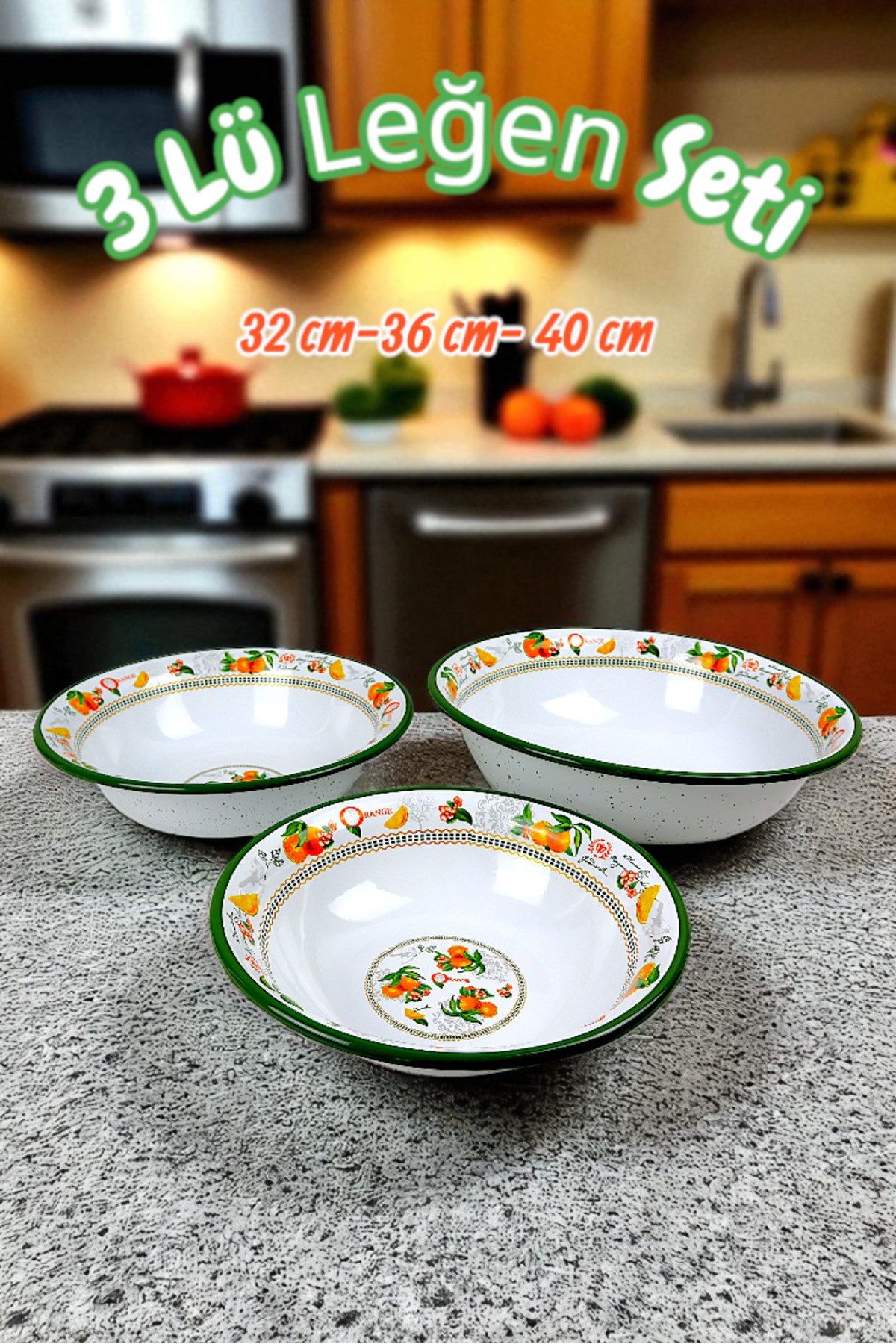 32 Cm-36 Cm-40 Cm 3 Lü Emaye Leğen Çırpma Ve Karıştırma Kabı, Hamur Leğeni,Meyvelik, Çeyiz, Hediye,