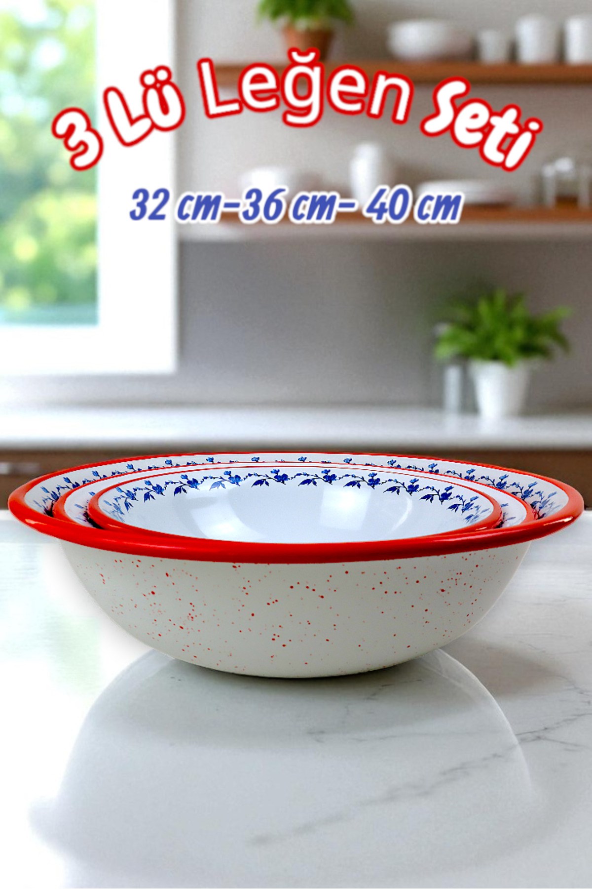32 Cm-36 Cm-40 Cm 3 Lü Emaye Leğen Çırpma Ve Karıştırma Kabı, Hamur Leğeni,Meyvelik, Çeyiz, Hediye,