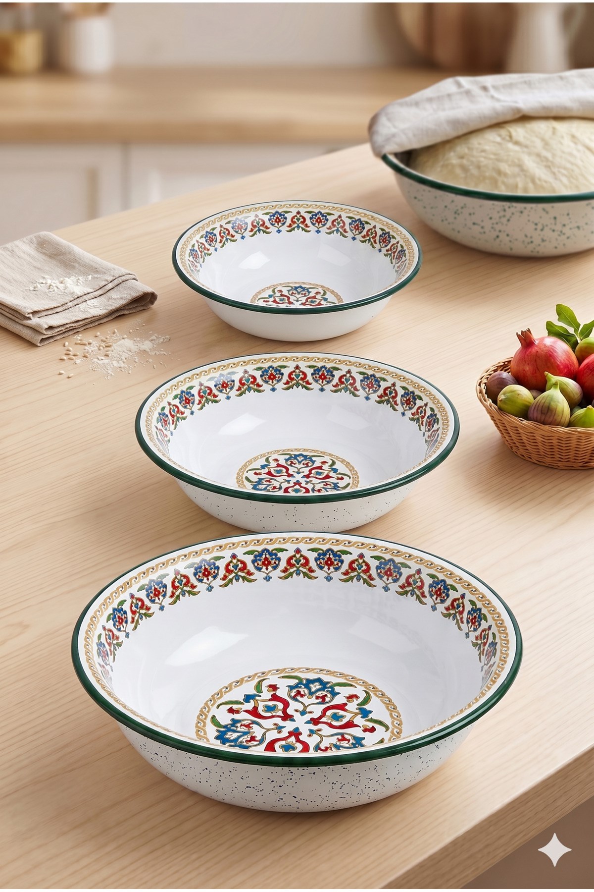 32 Cm-36 Cm-40 Cm 3 Lü Emaye Leğen Çırpma Ve Karıştırma Kabı, Hamur Leğeni,Meyvelik, Çeyiz, Hediye,