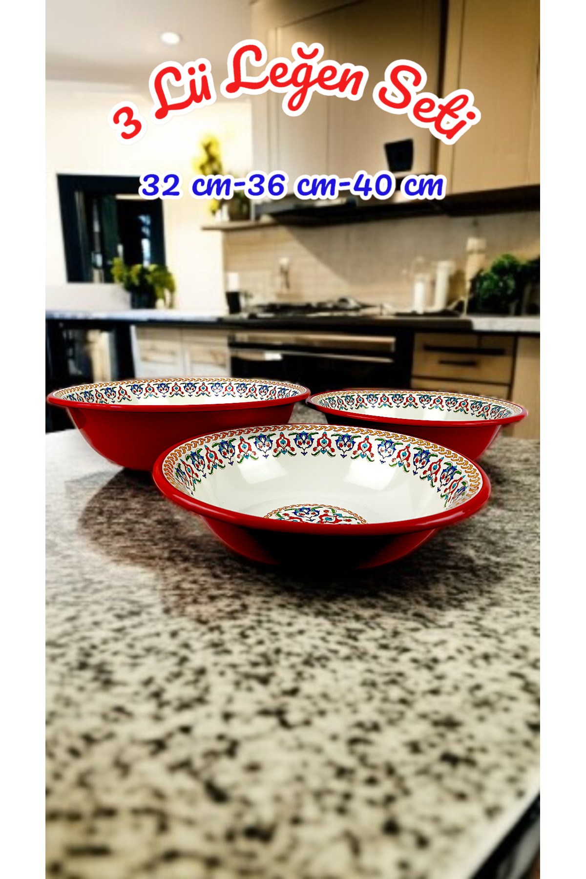 32 Cm-36 Cm-40 Cm 3 Lü Emaye Leğen Çırpma Ve Karıştırma Kabı, Hamur Leğeni,Meyvelik, Çeyiz, Hediye,