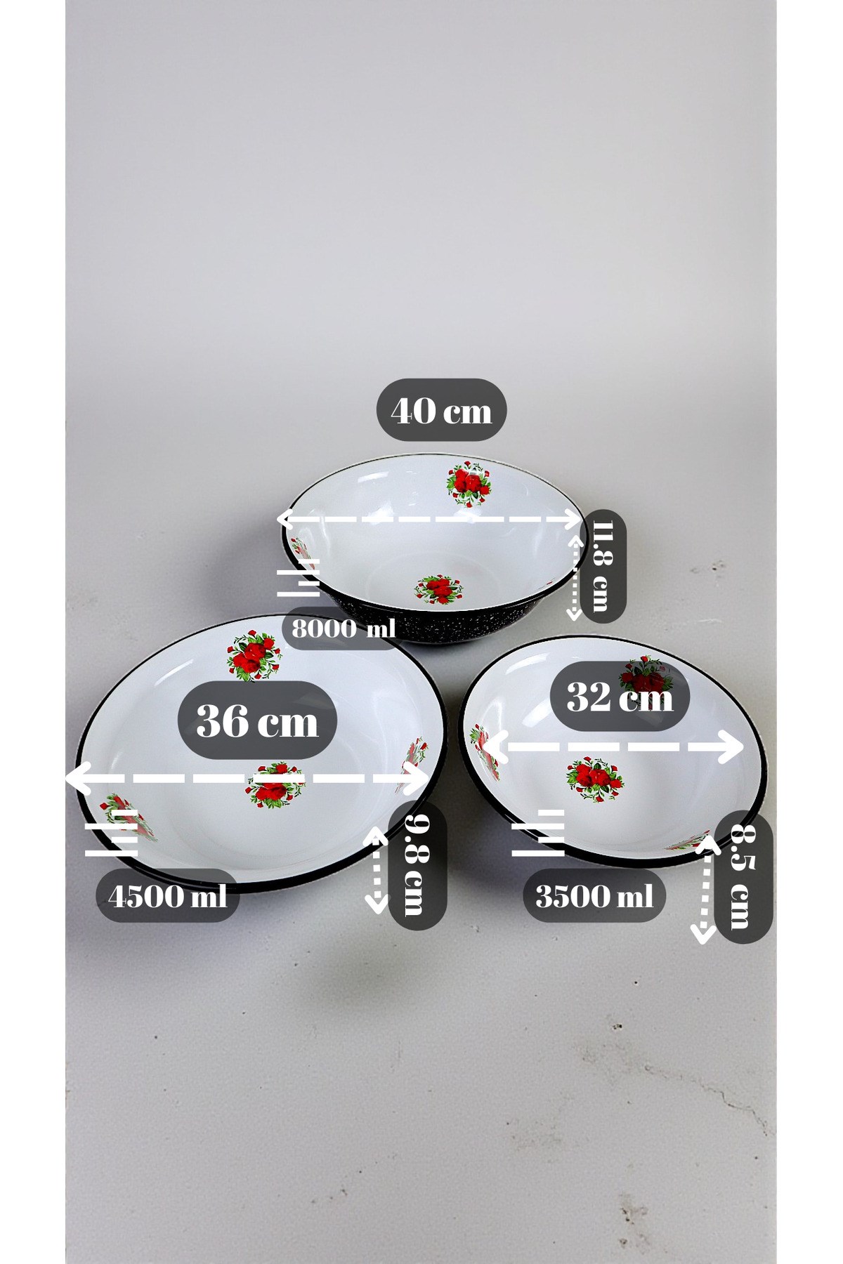 32 Cm-36 Cm-40 Cm 3 Lü Emaye Leğen Çırpma Ve Karıştırma Kabı, Hamur Leğeni,Meyvelik, Çeyiz, Hediye,