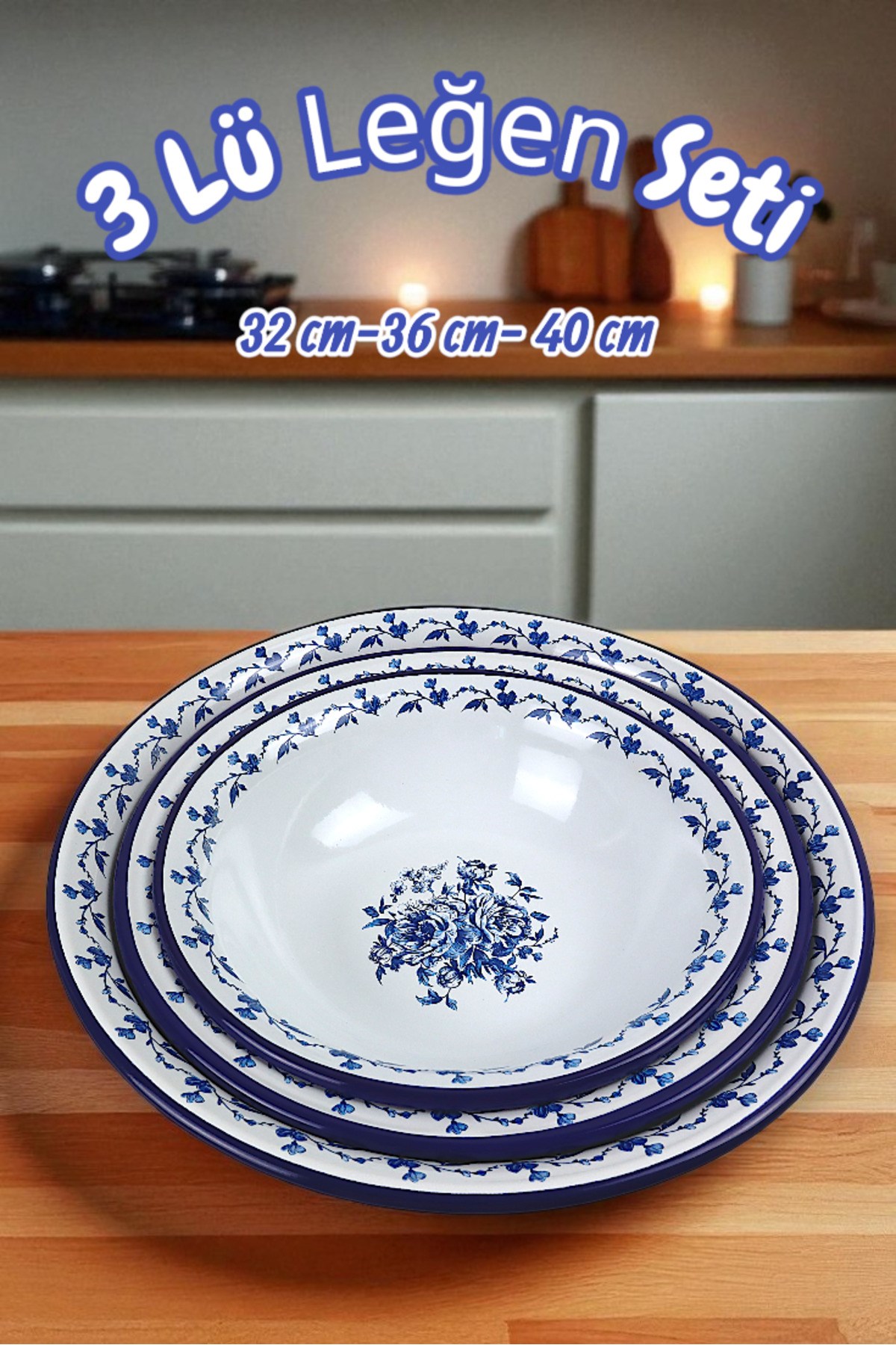 32 Cm-36 Cm-40 Cm 3 Lü Emaye Leğen Çırpma Ve Karıştırma Kabı, Hamur Leğeni,Meyvelik, Çeyiz, Hediye,