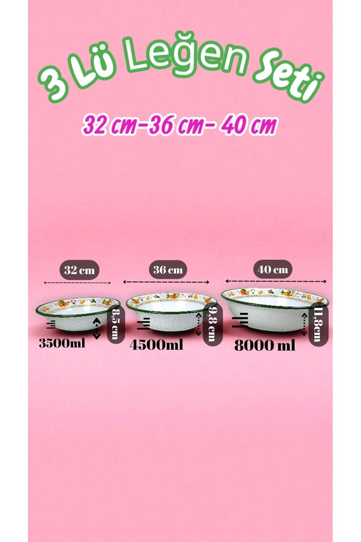 32 Cm-36 Cm-40 Cm 3 Lü Emaye Leğen Çırpma Ve Karıştırma Kabı, Hamur Leğeni,Meyvelik, Çeyiz, Hediye,