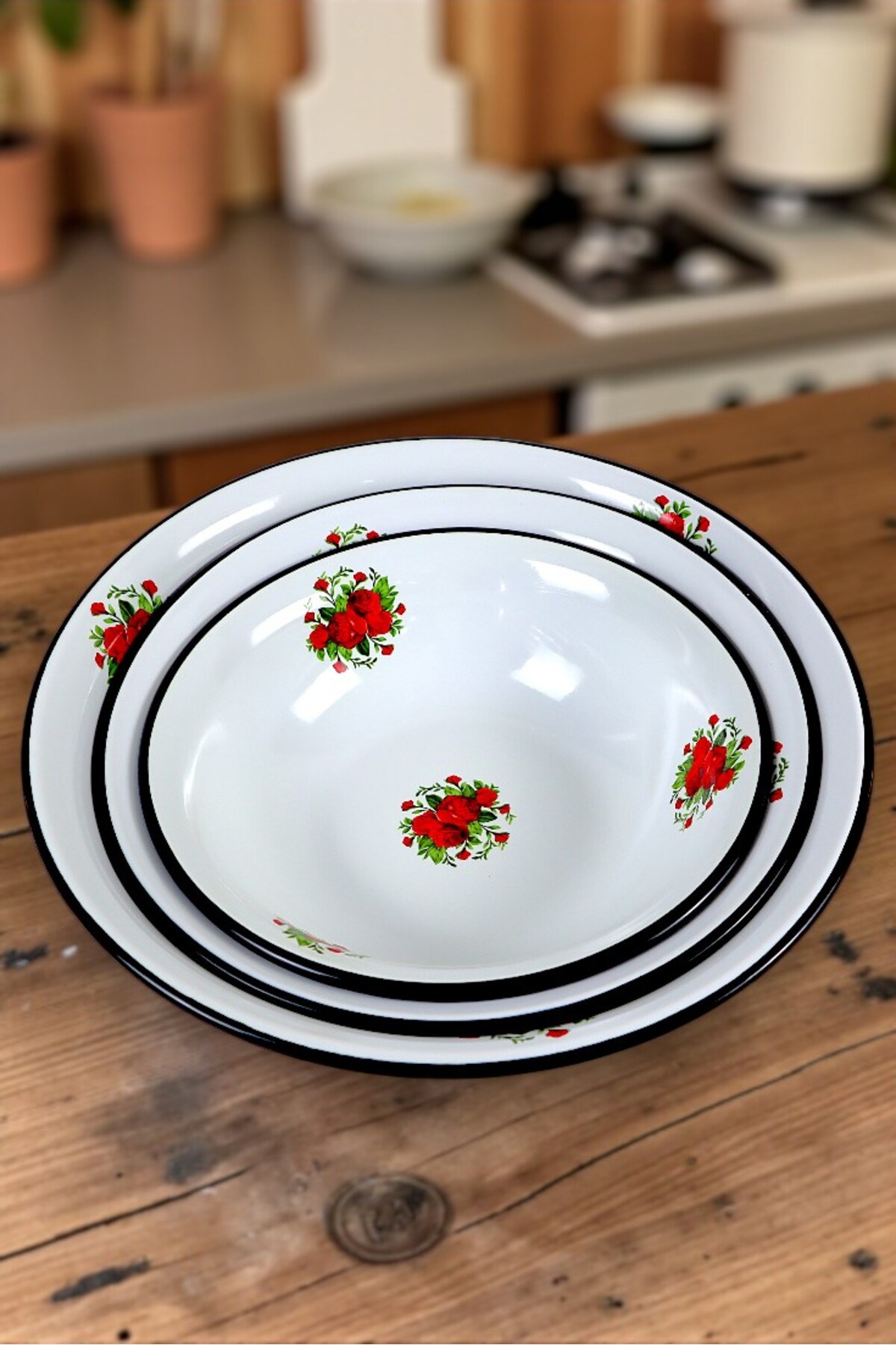 32 Cm-36 Cm-40 Cm 3 Lü Emaye Leğen Çırpma Ve Karıştırma Kabı, Hamur Leğeni,Meyvelik, Çeyiz, Hediye,
