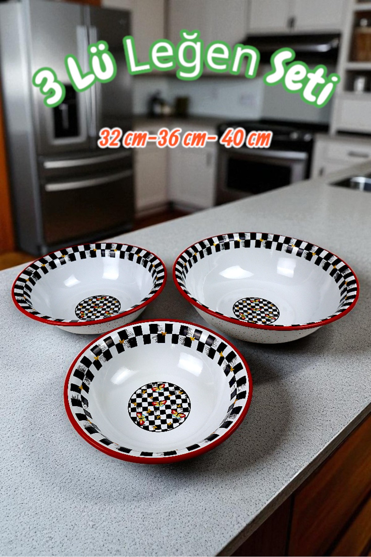32 Cm-36 Cm-40 Cm 3 Lü Emaye Leğen Çırpma Ve Karıştırma Kabı, Hamur Leğeni,Meyvelik, Çeyiz, Hediye,