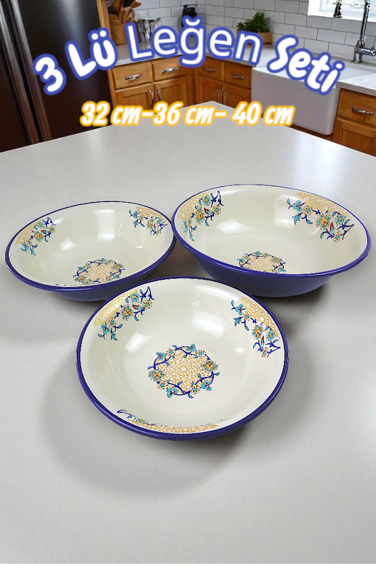 32 Cm-36 Cm-40 Cm 3 Lü Emaye Leğen Çırpma Ve Karıştırma Kabı, Hamur Leğeni,Meyvelik, Çeyiz, Hediye,
