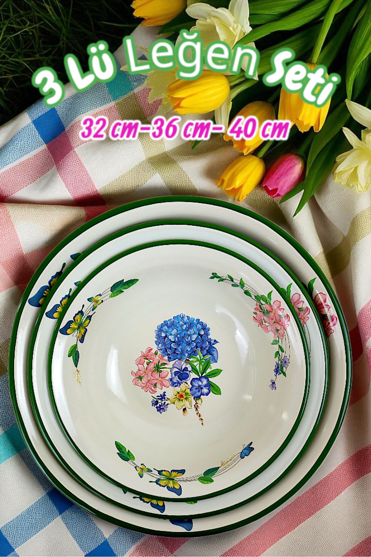32 Cm-36 Cm-40 Cm 3 Lü Emaye Leğen Çırpma Ve Karıştırma Kabı, Hamur Leğeni,Meyvelik, Çeyiz, Hediye,