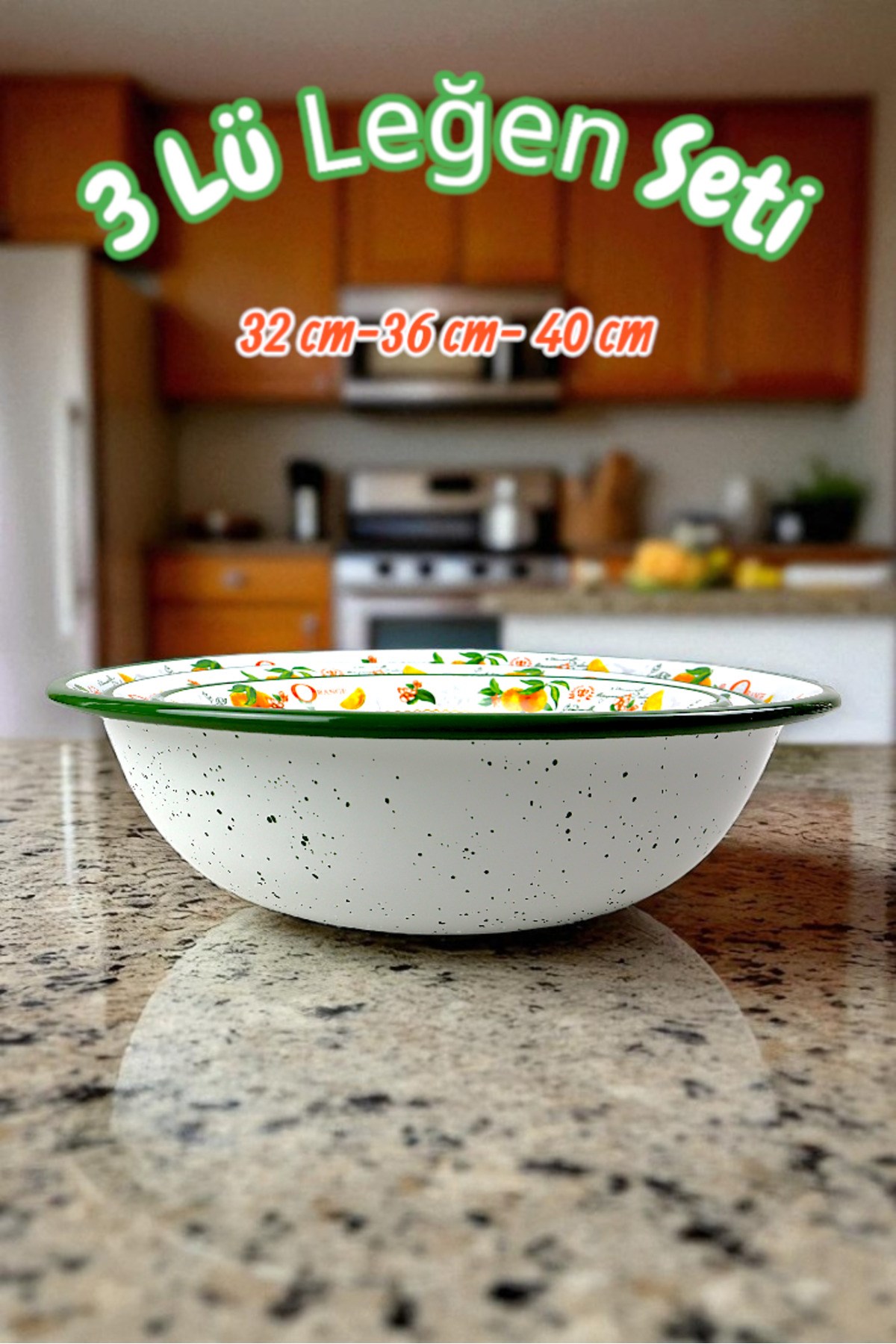32 Cm-36 Cm-40 Cm 3 Lü Emaye Leğen Çırpma Ve Karıştırma Kabı, Hamur Leğeni,Meyvelik, Çeyiz, Hediye,