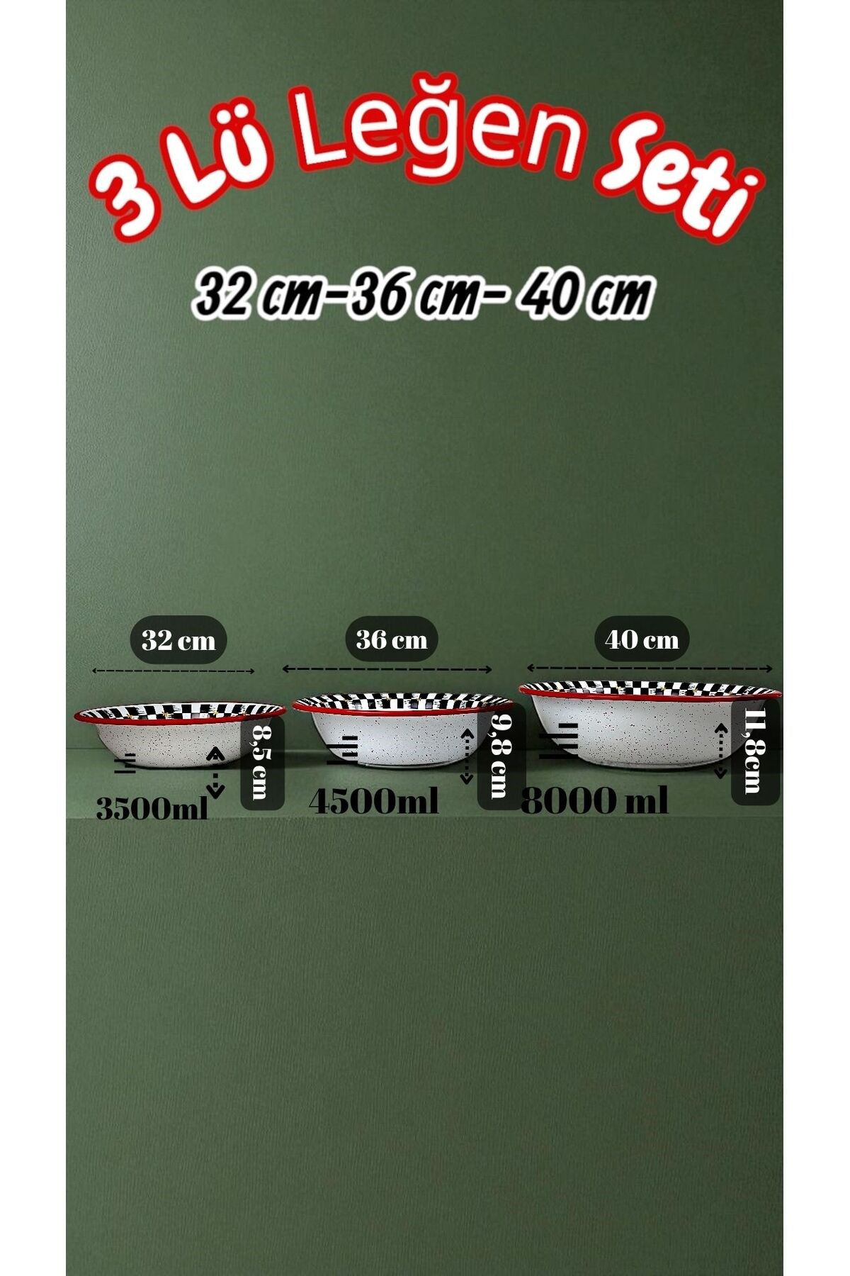 32 Cm-36 Cm-40 Cm 3 Lü Emaye Leğen Çırpma Ve Karıştırma Kabı, Hamur Leğeni,Meyvelik, Çeyiz, Hediye,