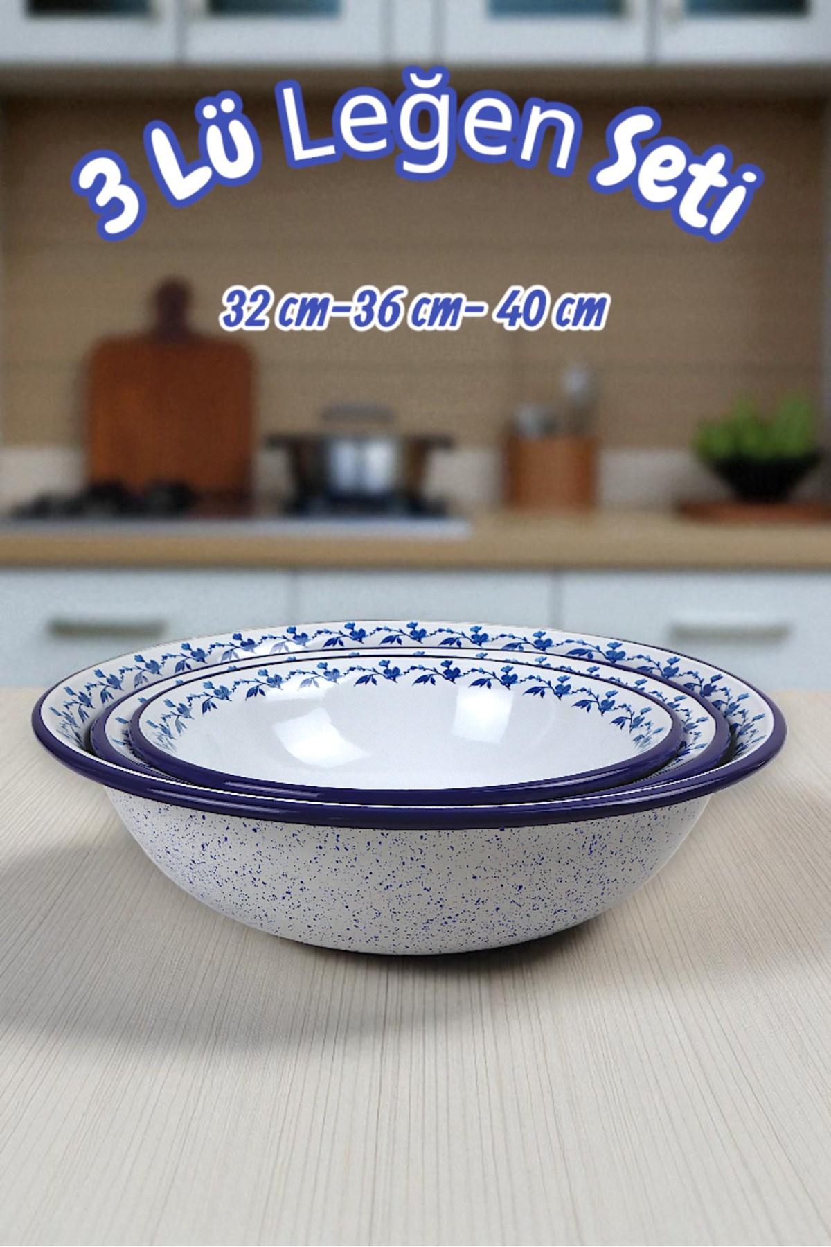 32 Cm-36 Cm-40 Cm 3 Lü Emaye Leğen Çırpma Ve Karıştırma Kabı, Hamur Leğeni,Meyvelik, Çeyiz, Hediye,