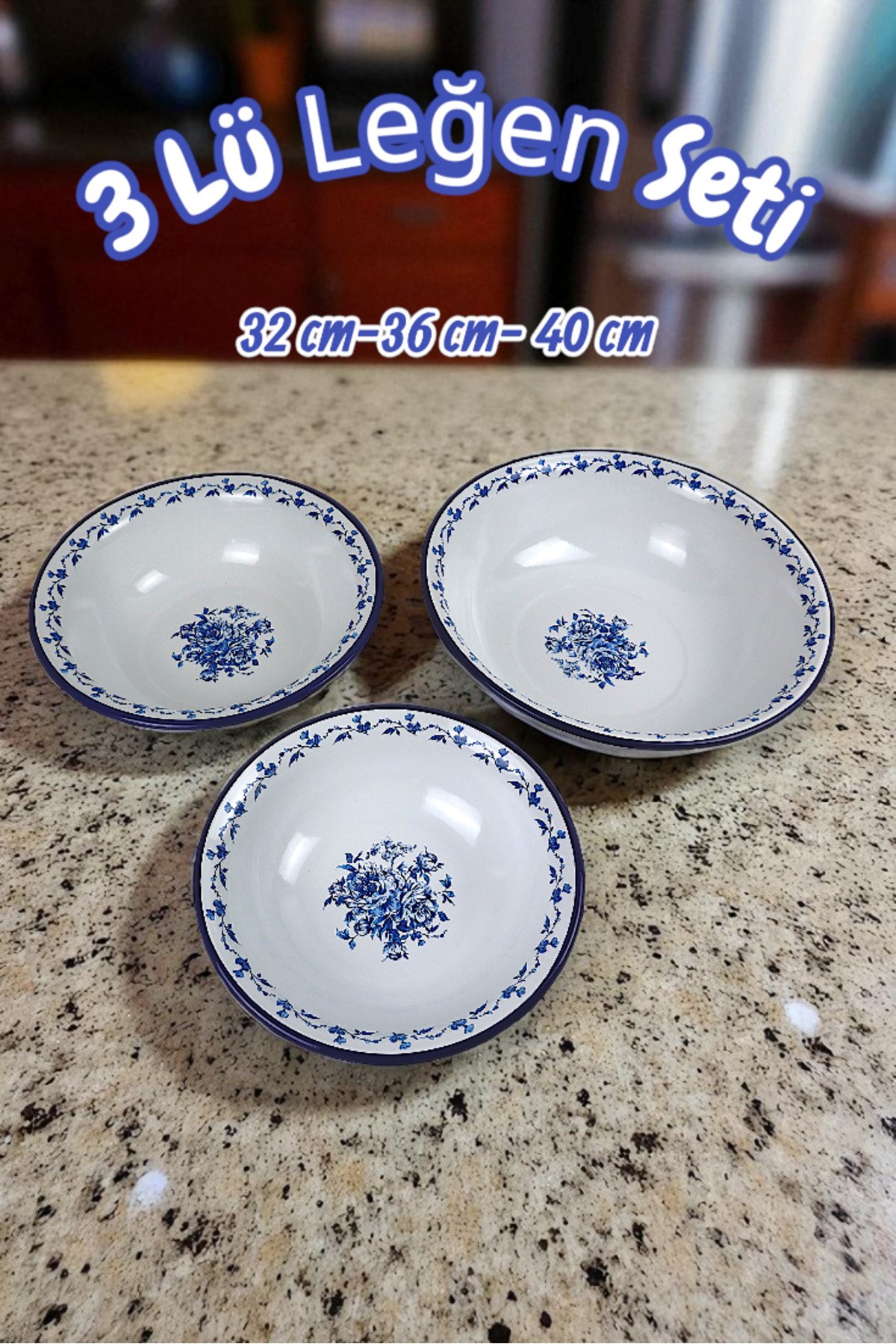 32 Cm-36 Cm-40 Cm 3 Lü Emaye Leğen Çırpma Ve Karıştırma Kabı, Hamur Leğeni,Meyvelik, Çeyiz, Hediye,
