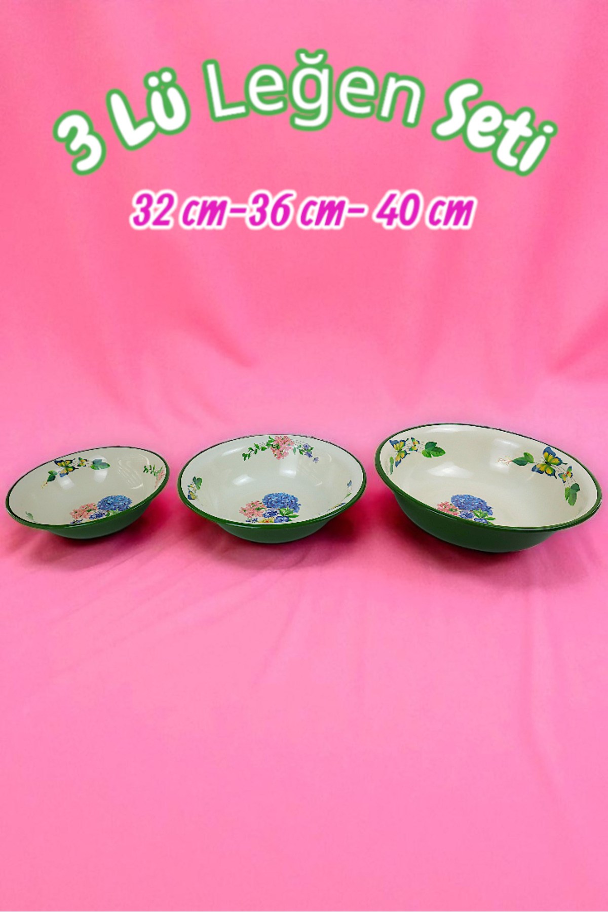 32 Cm-36 Cm-40 Cm 3 Lü Emaye Leğen Çırpma Ve Karıştırma Kabı, Hamur Leğeni,Meyvelik, Çeyiz, Hediye,