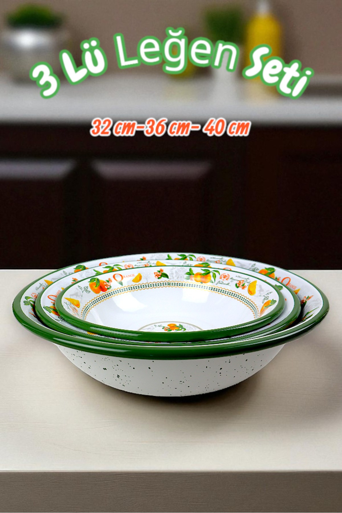 32 Cm-36 Cm-40 Cm 3 Lü Emaye Leğen Çırpma Ve Karıştırma Kabı, Hamur Leğeni,Meyvelik, Çeyiz, Hediye,