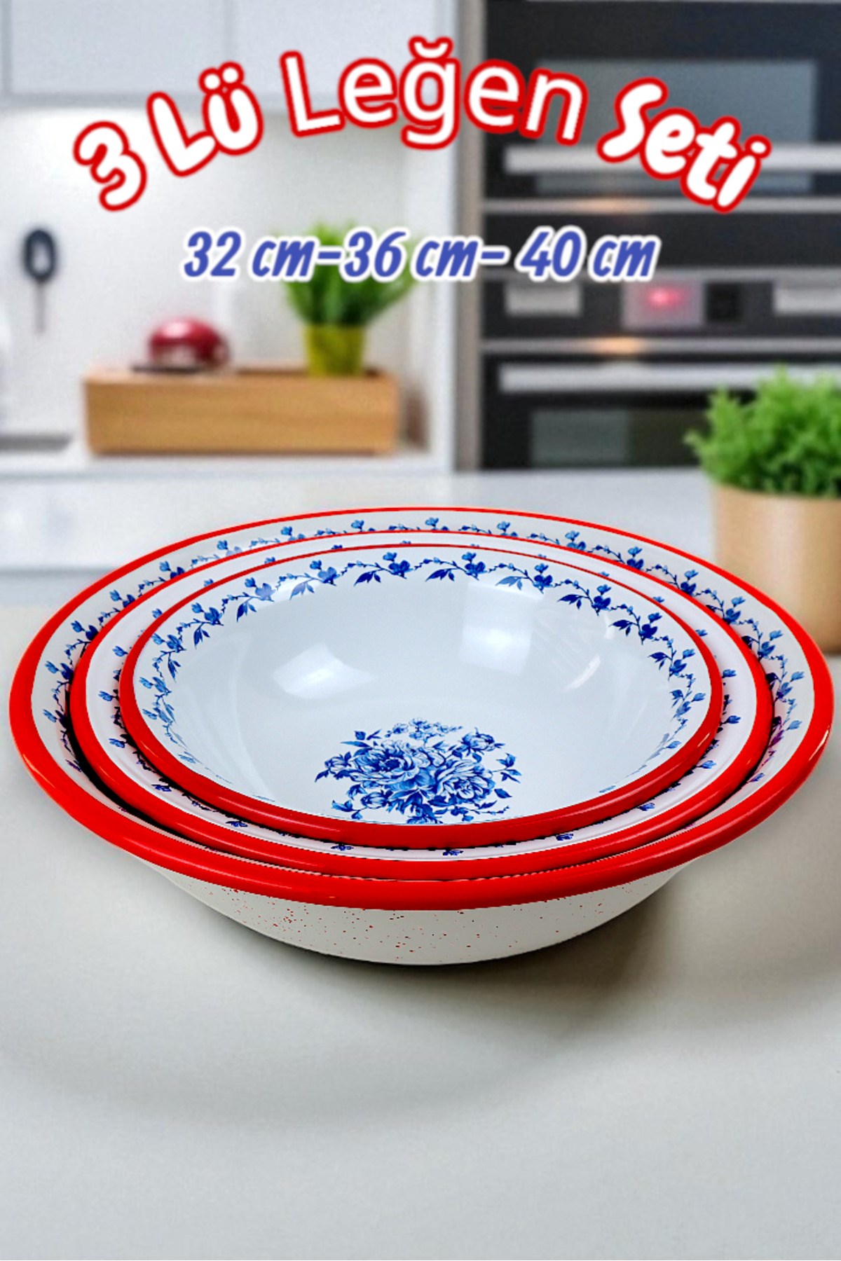 32 Cm-36 Cm-40 Cm 3 Lü Emaye Leğen Çırpma Ve Karıştırma Kabı, Hamur Leğeni,Meyvelik, Çeyiz, Hediye,