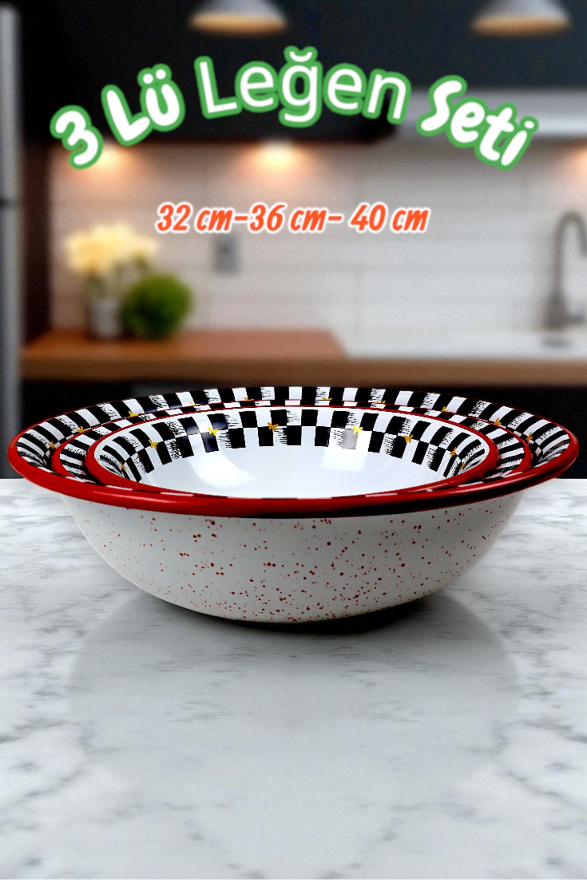 32 Cm-36 Cm-40 Cm 3 Lü Emaye Leğen Çırpma Ve Karıştırma Kabı, Hamur Leğeni,Meyvelik, Çeyiz, Hediye,