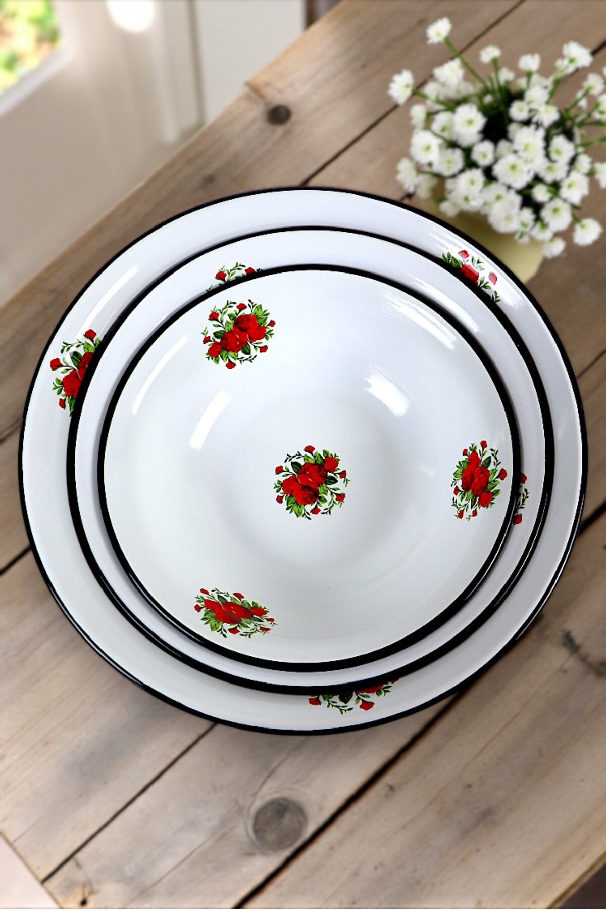 32 Cm-36 Cm-40 Cm 3 Lü Emaye Leğen Çırpma Ve Karıştırma Kabı, Hamur Leğeni,Meyvelik, Çeyiz, Hediye,