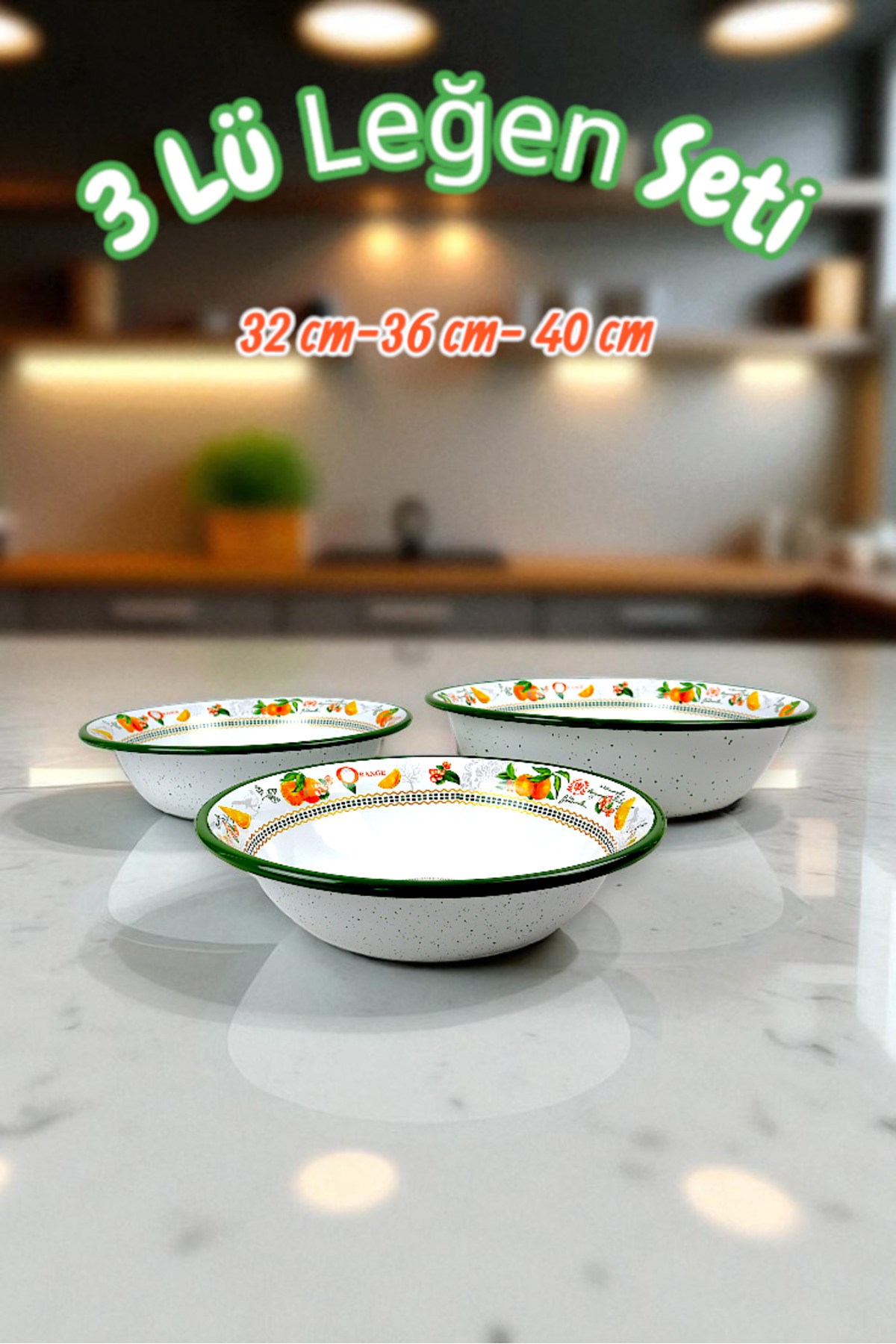 32 Cm-36 Cm-40 Cm 3 Lü Emaye Leğen Çırpma Ve Karıştırma Kabı, Hamur Leğeni,Meyvelik, Çeyiz, Hediye,
