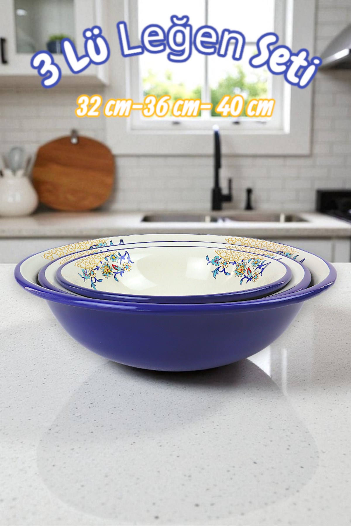 32 Cm-36 Cm-40 Cm 3 Lü Emaye Leğen Çırpma Ve Karıştırma Kabı, Hamur Leğeni,Meyvelik, Çeyiz, Hediye,