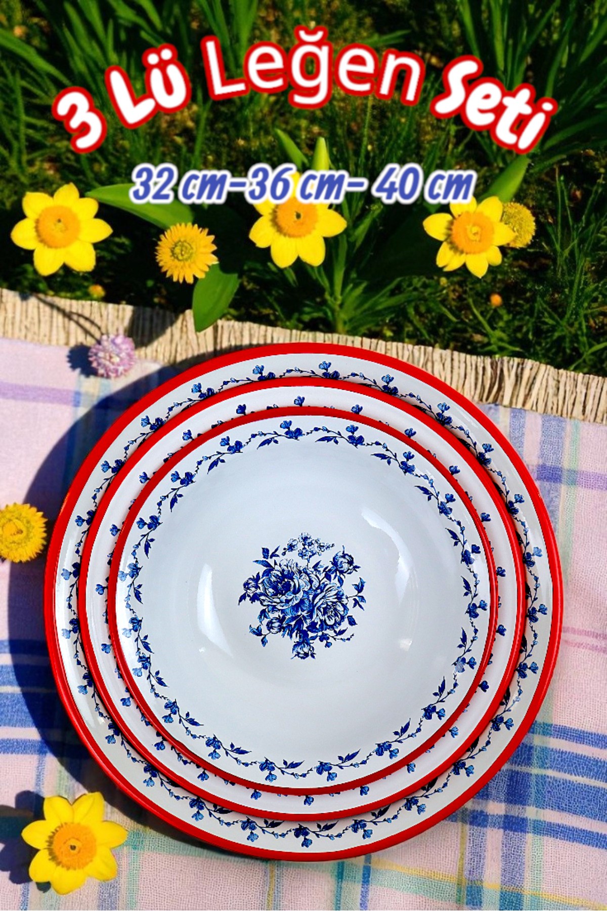 32 Cm-36 Cm-40 Cm 3 Lü Emaye Leğen Çırpma Ve Karıştırma Kabı, Hamur Leğeni,Meyvelik, Çeyiz, Hediye,