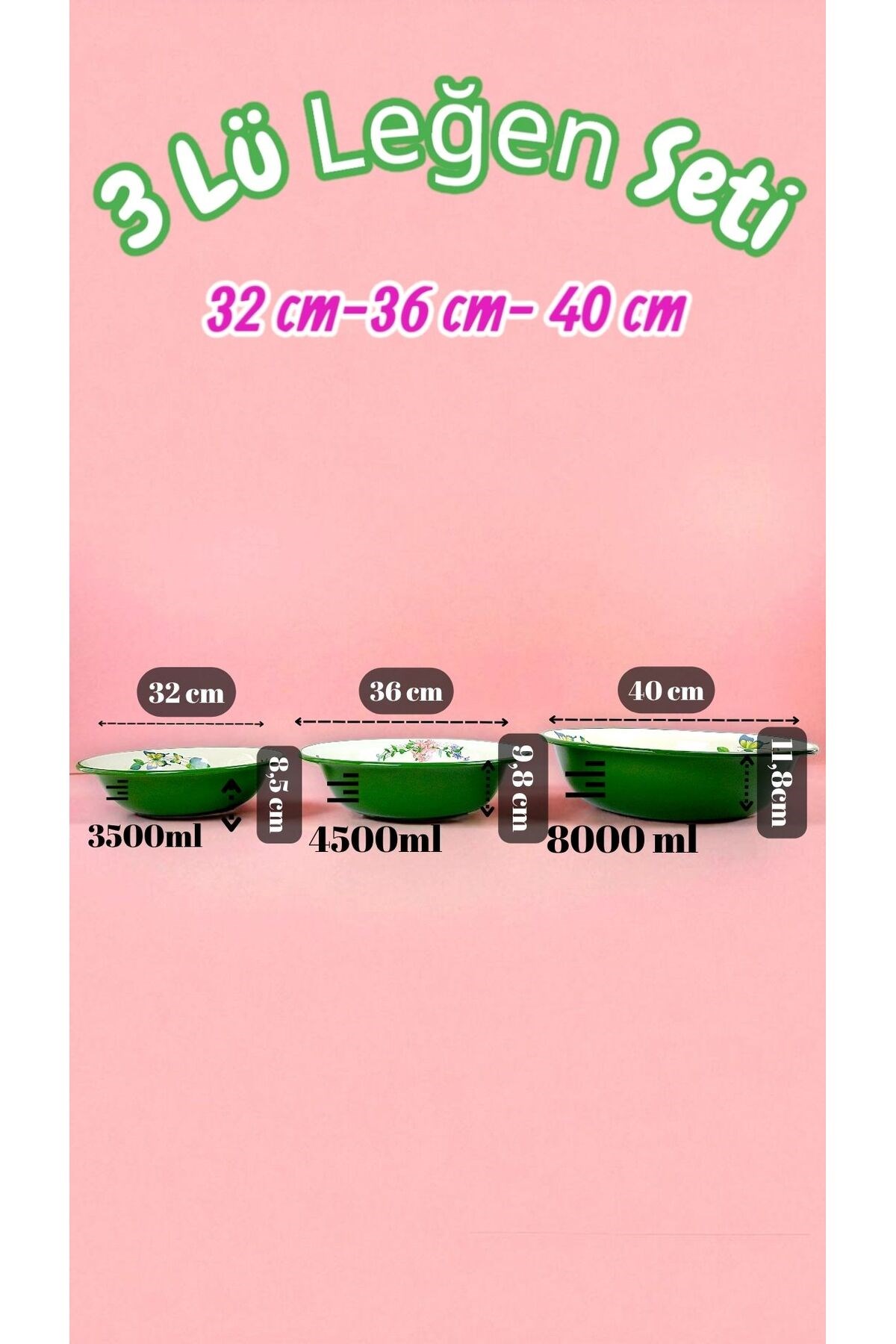 32 Cm-36 Cm-40 Cm 3 Lü Emaye Leğen Çırpma Ve Karıştırma Kabı, Hamur Leğeni,Meyvelik, Çeyiz, Hediye,