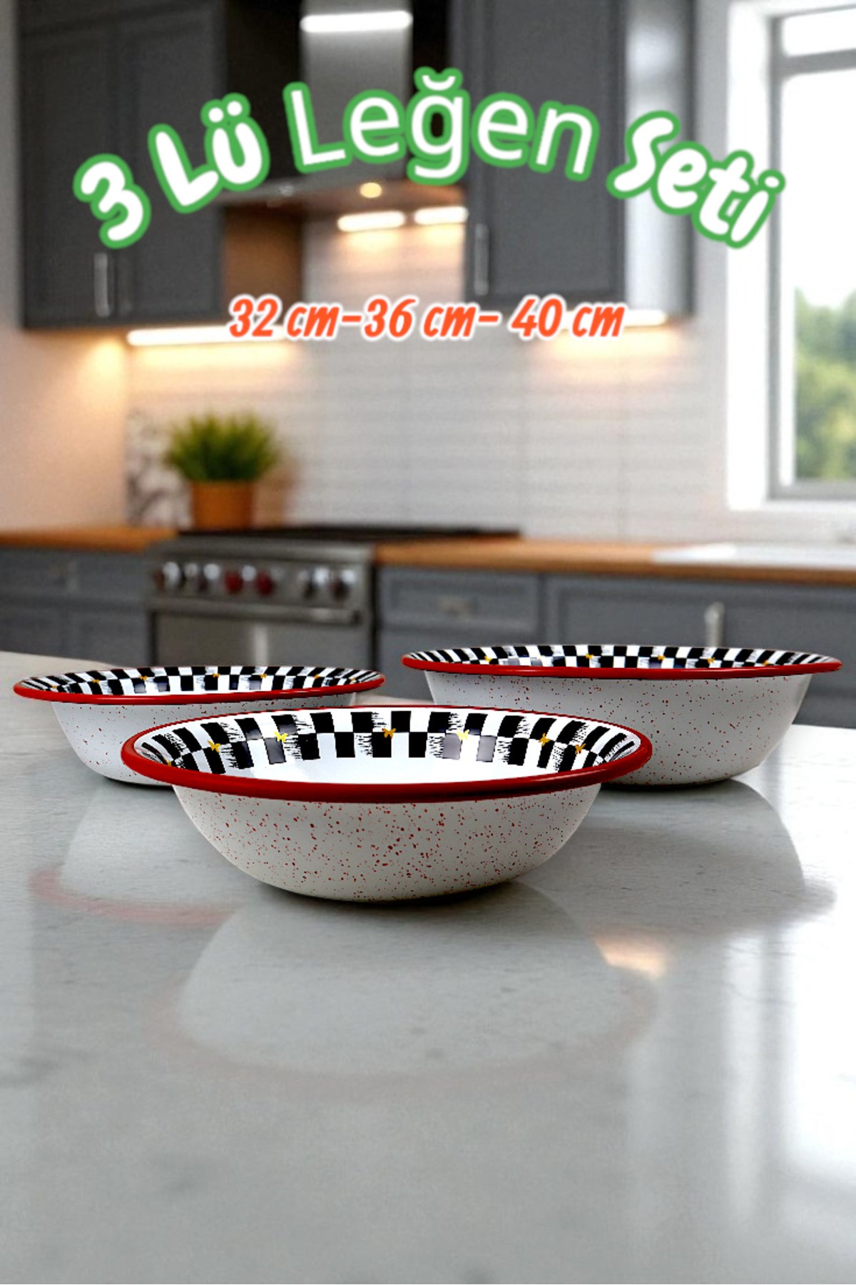 32 Cm-36 Cm-40 Cm 3 Lü Emaye Leğen Çırpma Ve Karıştırma Kabı, Hamur Leğeni,Meyvelik, Çeyiz, Hediye,