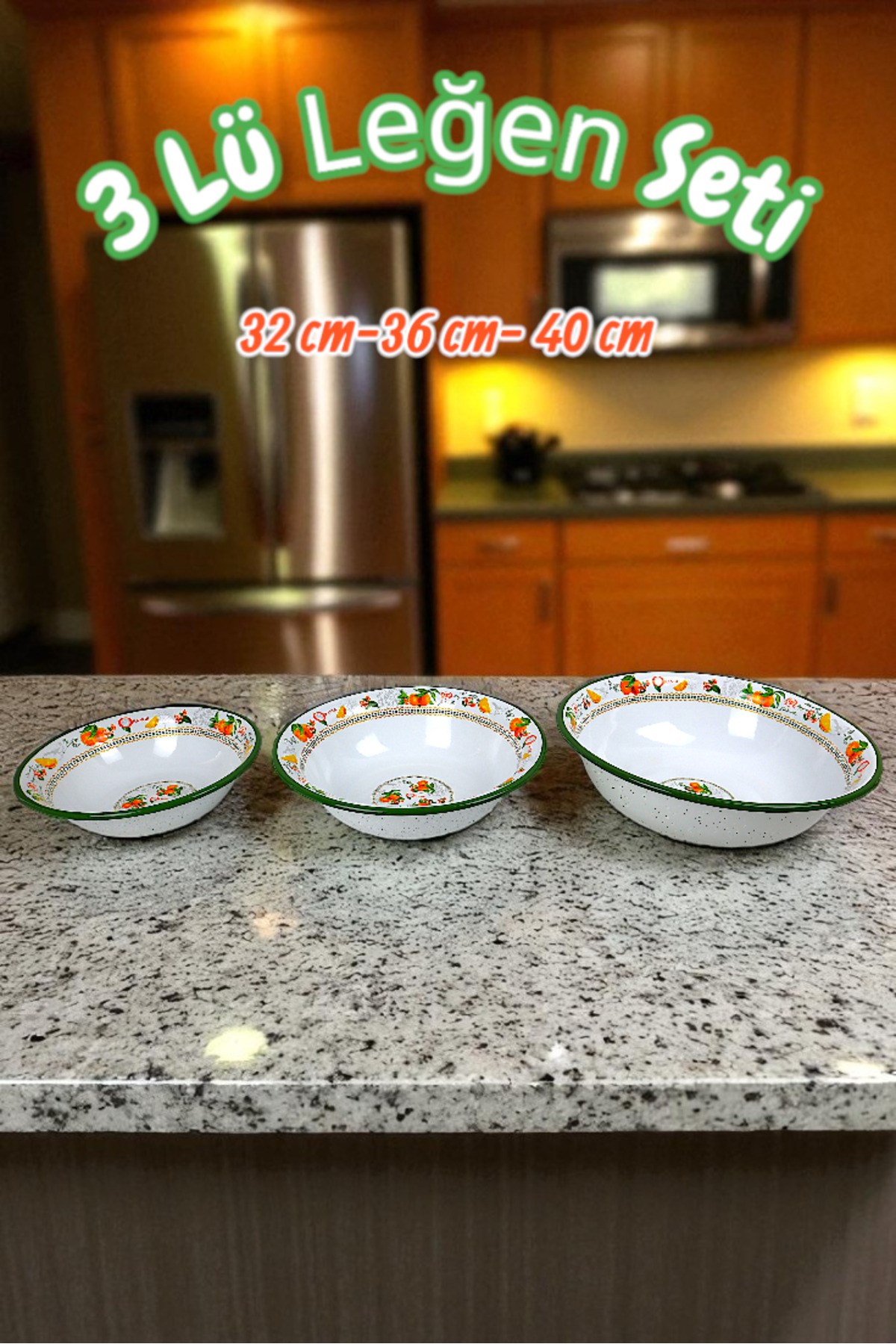 32 Cm-36 Cm-40 Cm 3 Lü Emaye Leğen Çırpma Ve Karıştırma Kabı, Hamur Leğeni,Meyvelik, Çeyiz, Hediye,