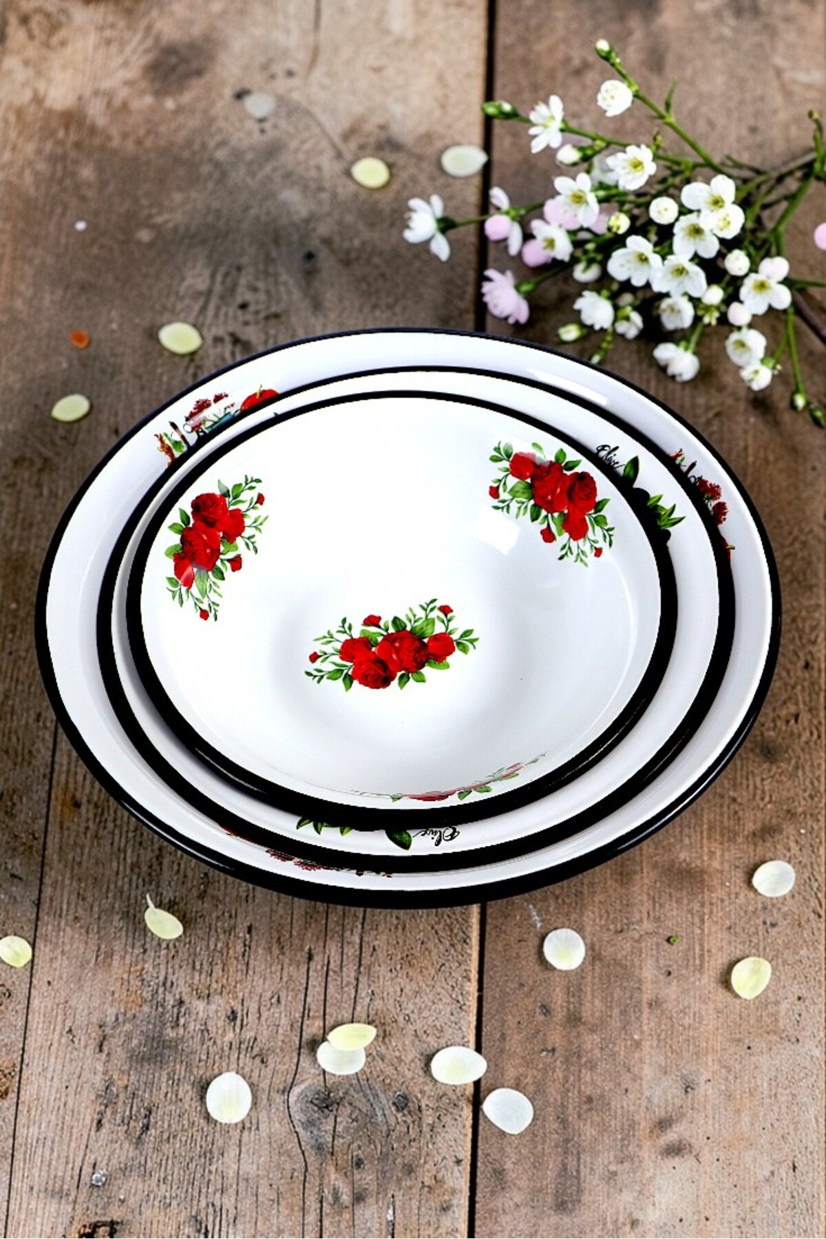 32 Cm-36 Cm-40 Cm 3 Lü Emaye Leğen Çırpma Ve Karıştırma Kabı, Hamur Leğeni,Meyvelik, Çeyiz, Hediye,