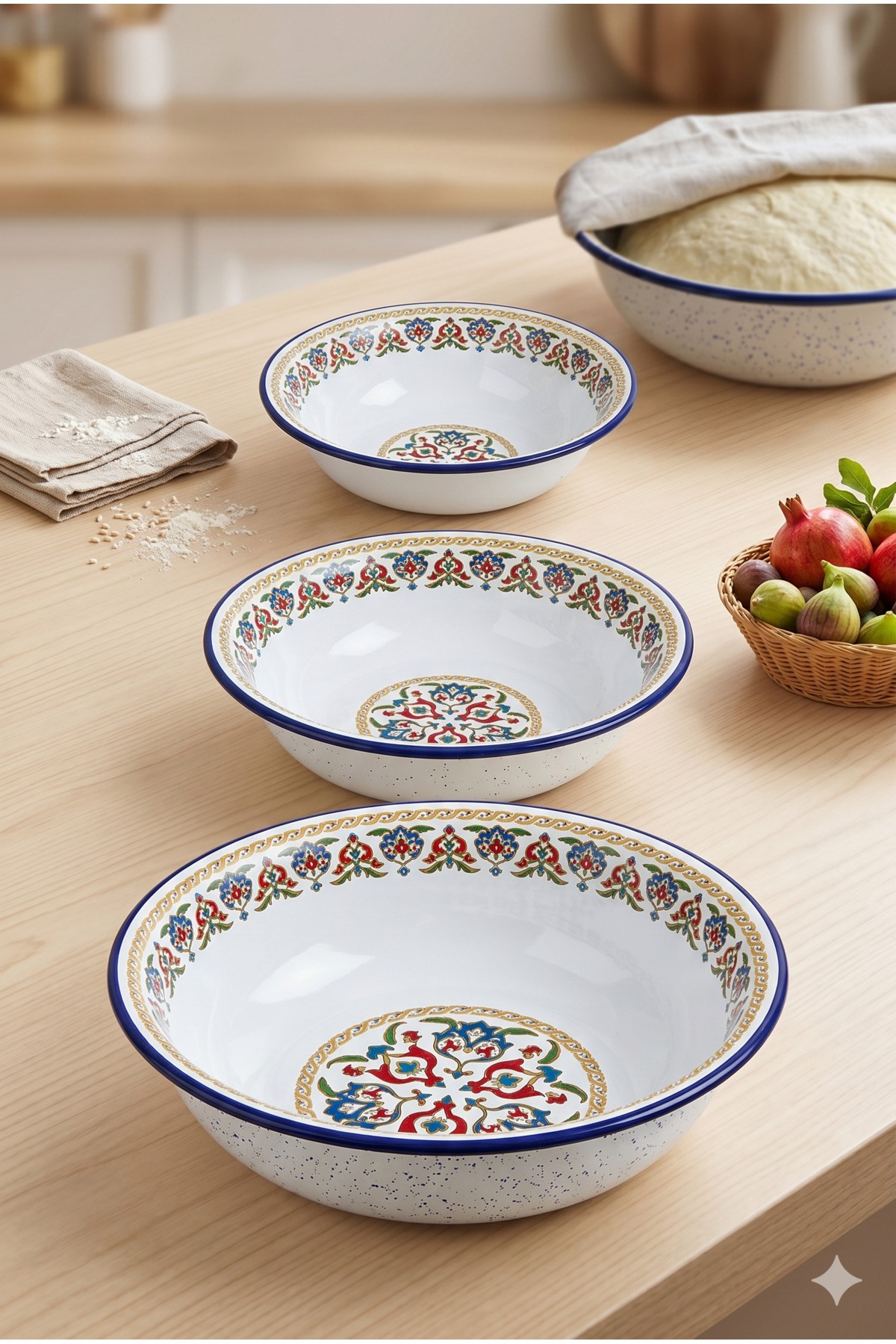 32 Cm-36 Cm-40 Cm 3 Lü Emaye Leğen Çırpma Ve Karıştırma Kabı, Hamur Leğeni,Meyvelik, Çeyiz, Hediye,