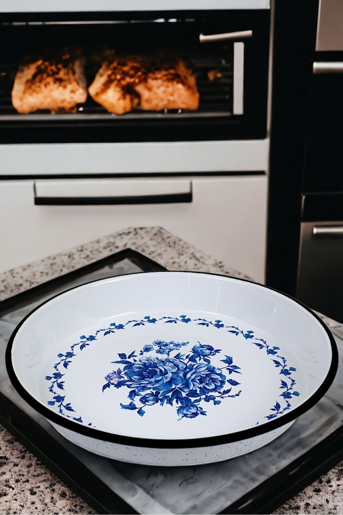 34 No Emaye Fırın Tepsi Yuvarlak Tepsi ~34 Cm