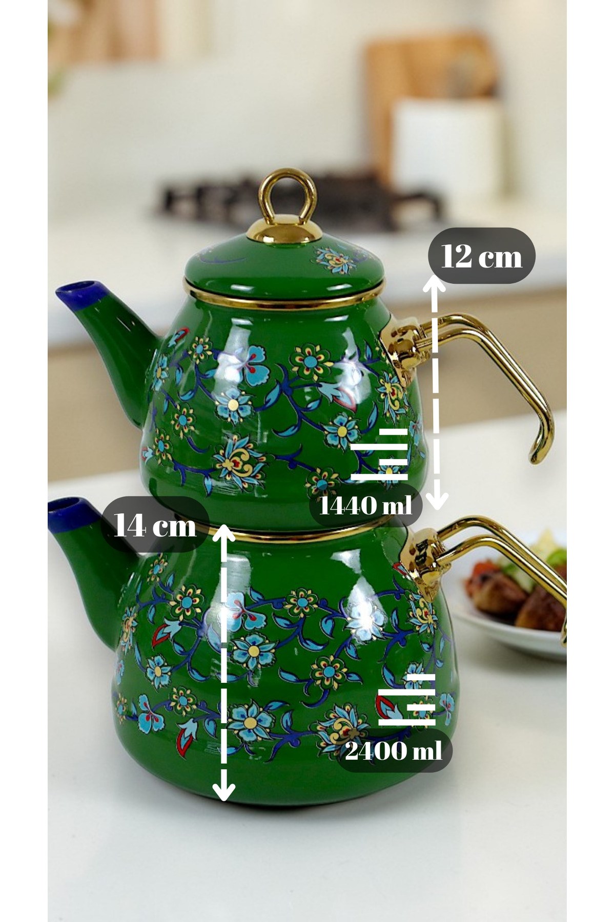 3,5Lt Yeşil Mavi Menekşe, Emaye Çaydanlık Takımı Hediye, Çeyiz, Sunum,